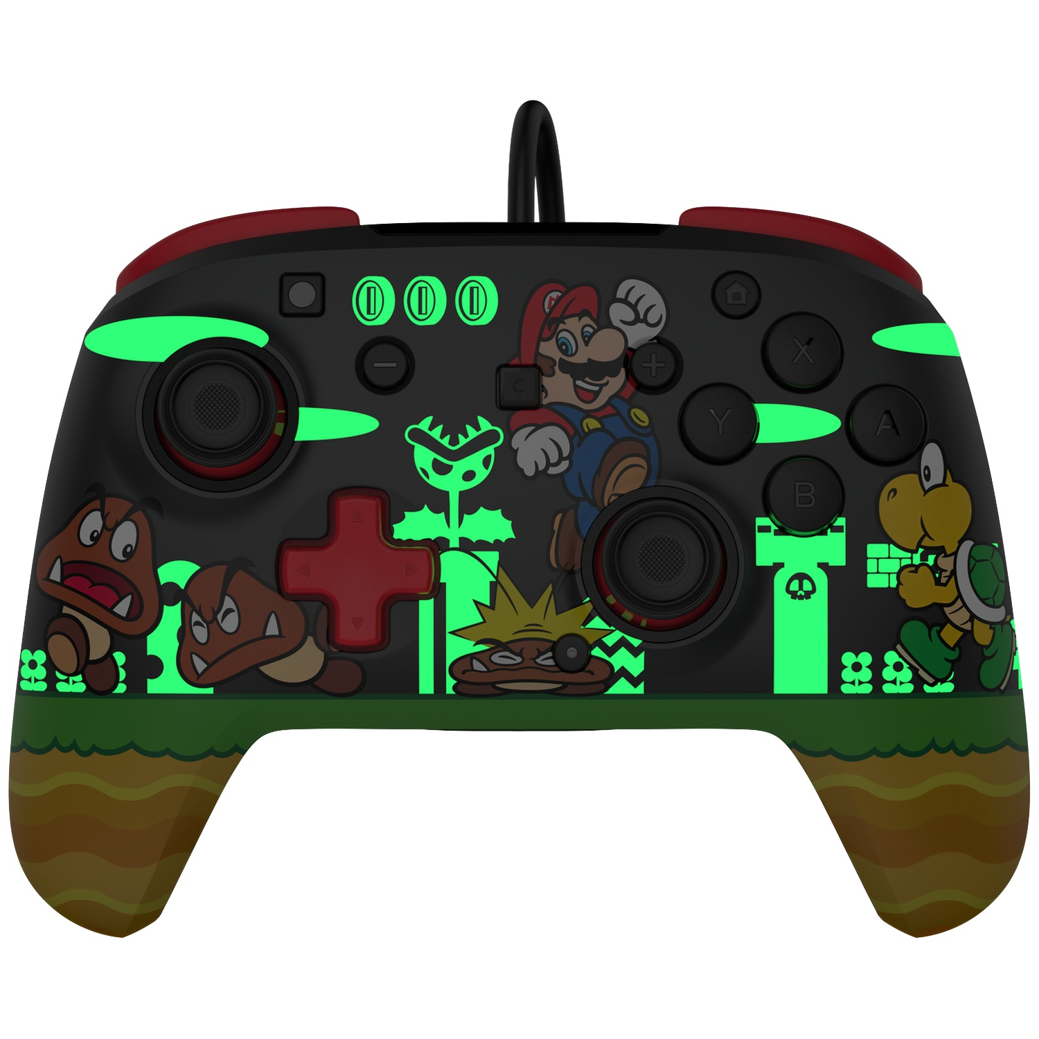Manette noire avec personnages de Mario et accents verts lumineux.