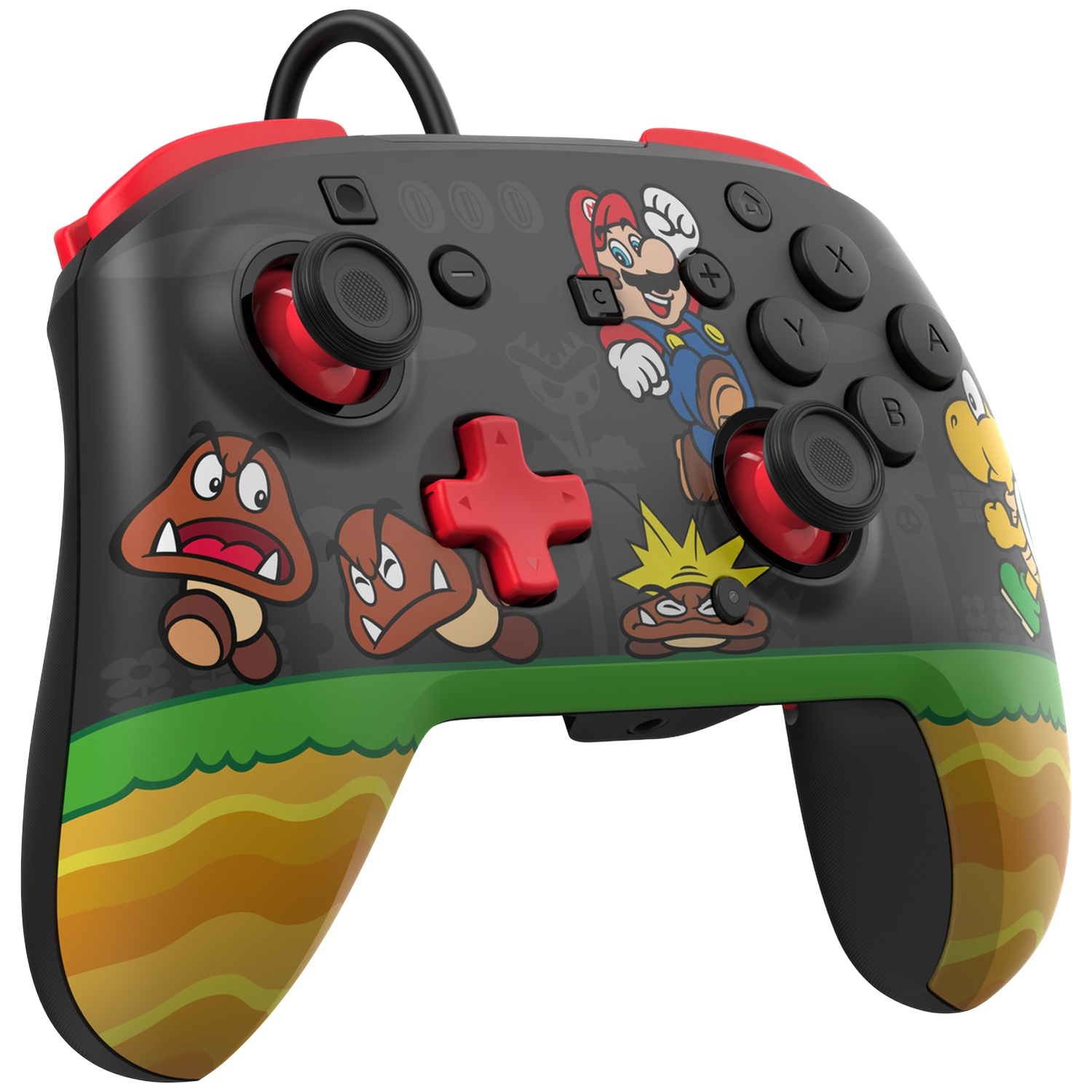 Manette noire Nintendo avec personnages Mario, Goombas et Koopa.