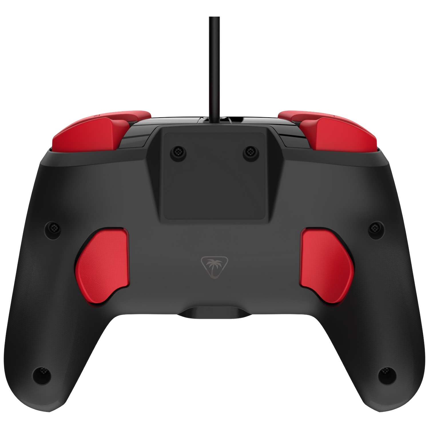 Manette de jeu noire avec accents rouges, vue de dos.