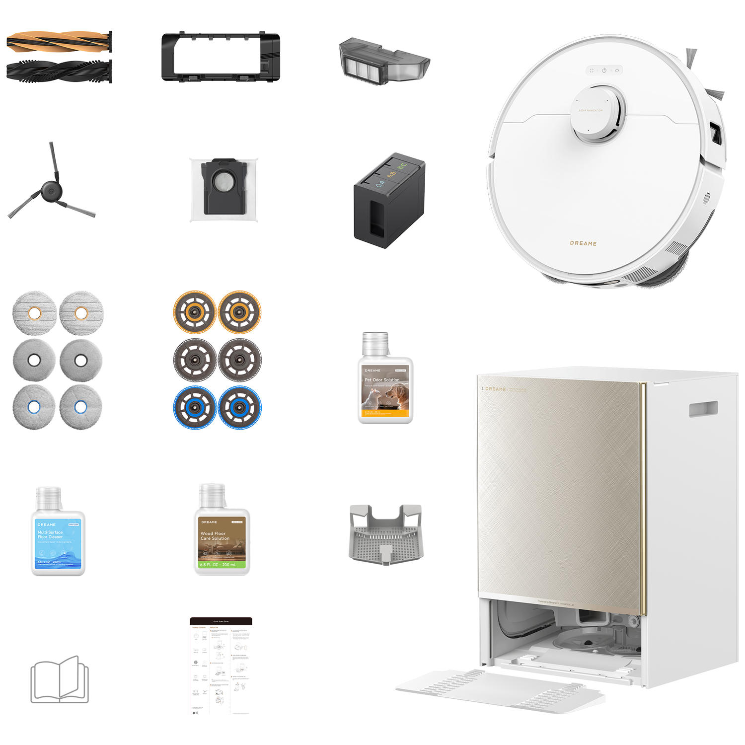 A collage of various parts of a robot vacuum and accessories.