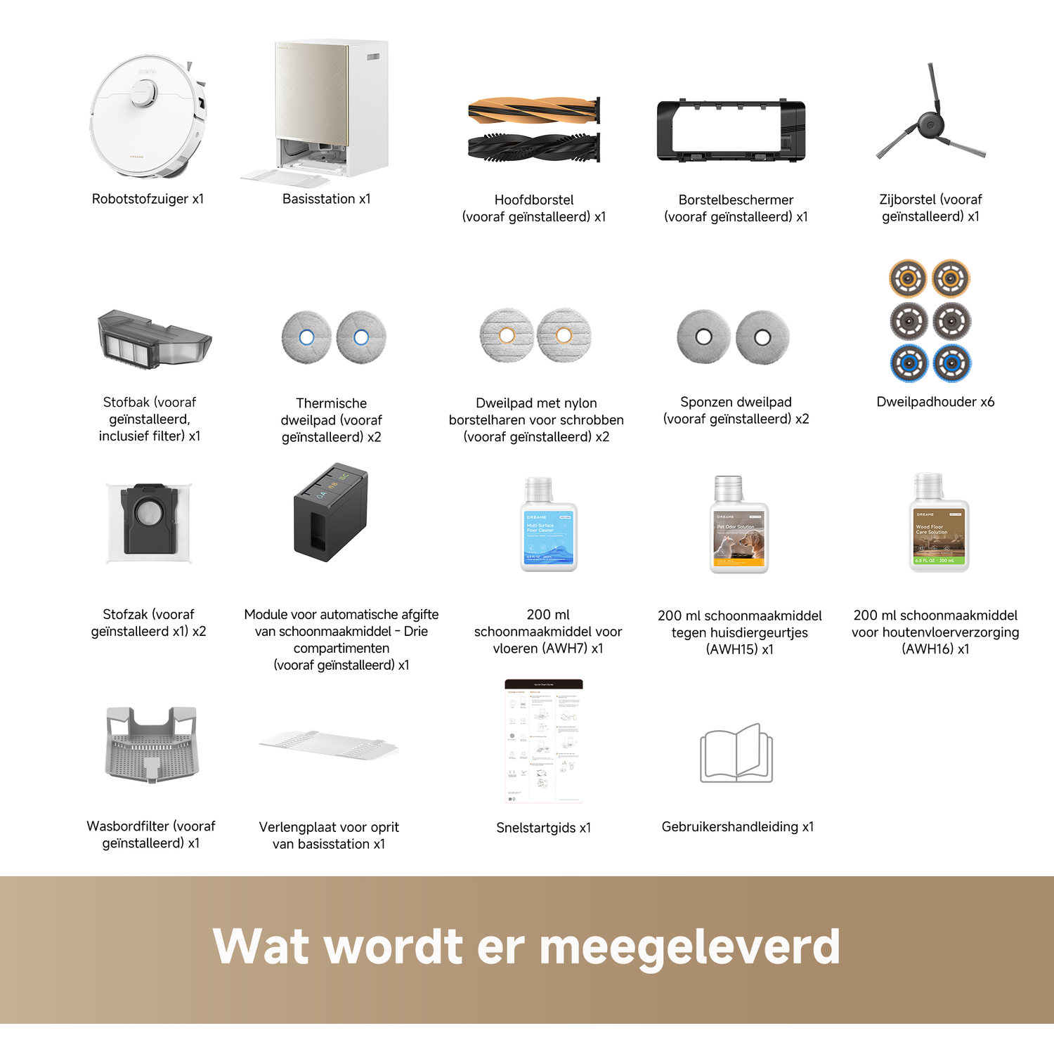 Overview of all included parts for a robot vacuum: robot vacuum, station, brushes, dustbin, mop pads, cleaning solutions.