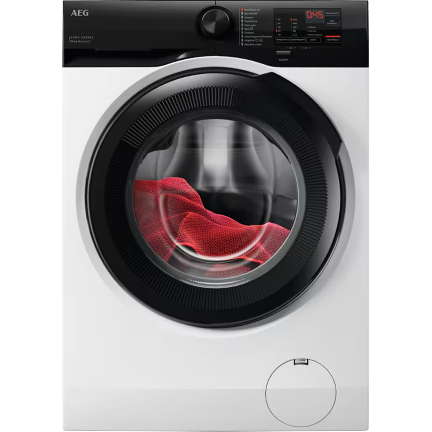 Witte AEG wasmachine met zwarte deur en rode stof binnenin.