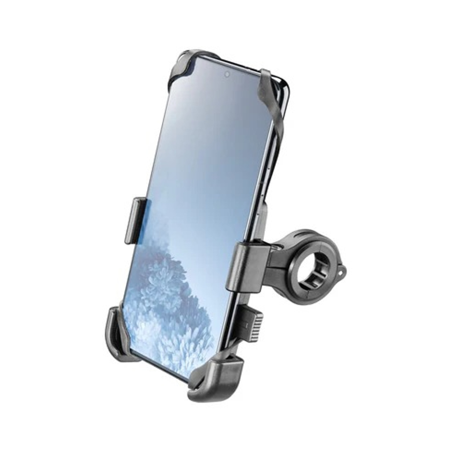 Un supporto nero per telefono da bicicletta che tiene uno smartphone, visualizzato su sfondo bianco.