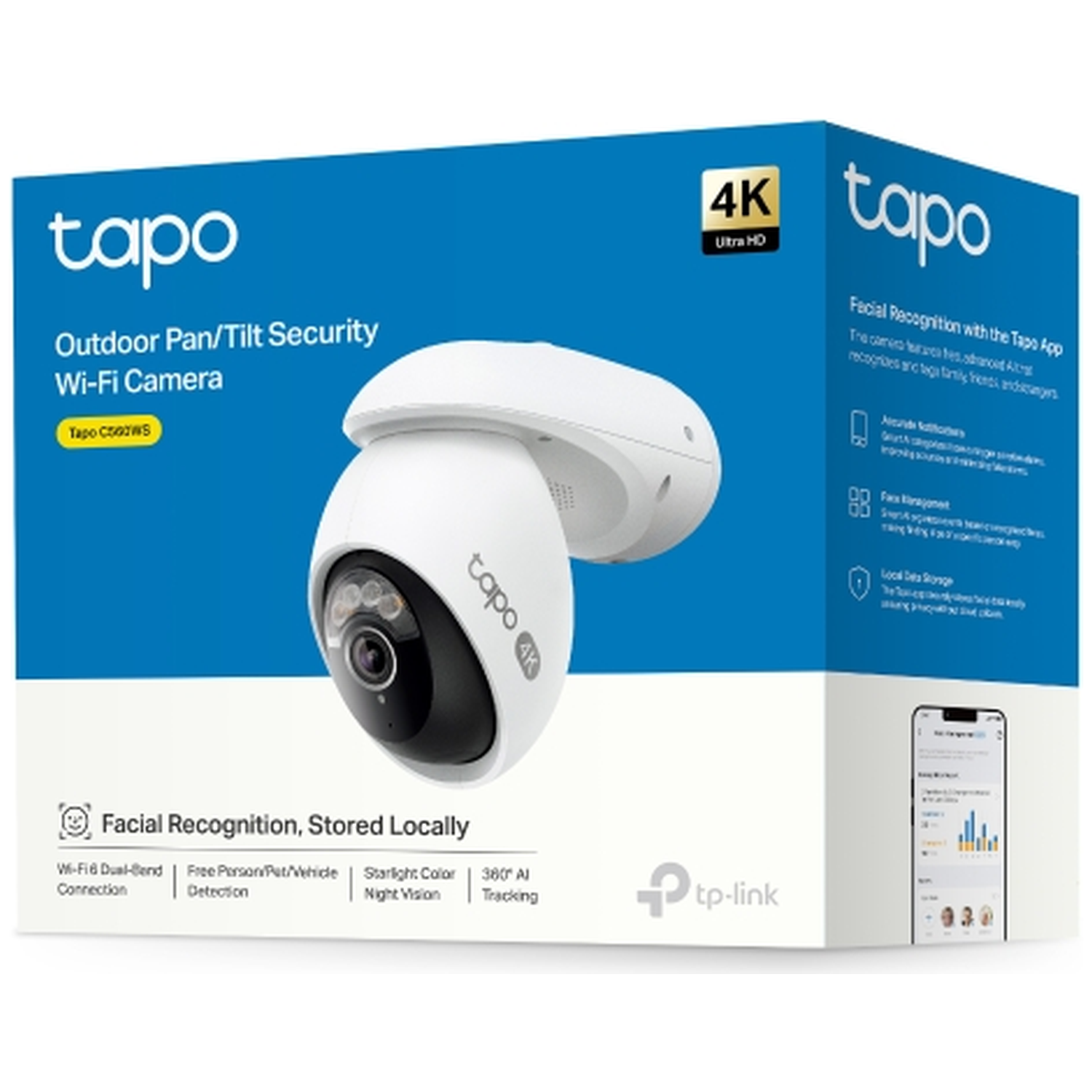 Tapo 4K Outdoor Security Camera box with camera image and features listed.