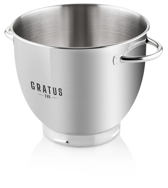 Ezüst keverőtál fogantyúkkal és "GRATUS EVO" logóval.