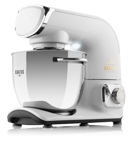 Fehér robotgép rozsdamentes acéltállal és ezüst díszítéssel, ETA Gratus logóval.