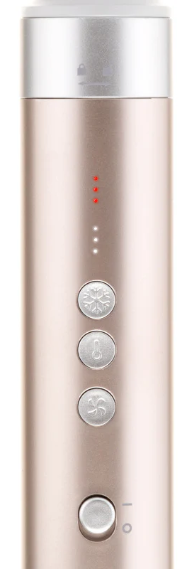 Egy rózsaarany fogantyú három ikonnal: hópehely, hőmérő, ventilátor. Piros fények felül.