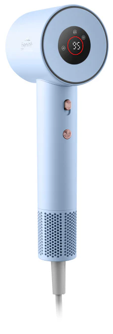 Világoskék hajszárító digitális kijelzővel és rózsaarany gombokkal.