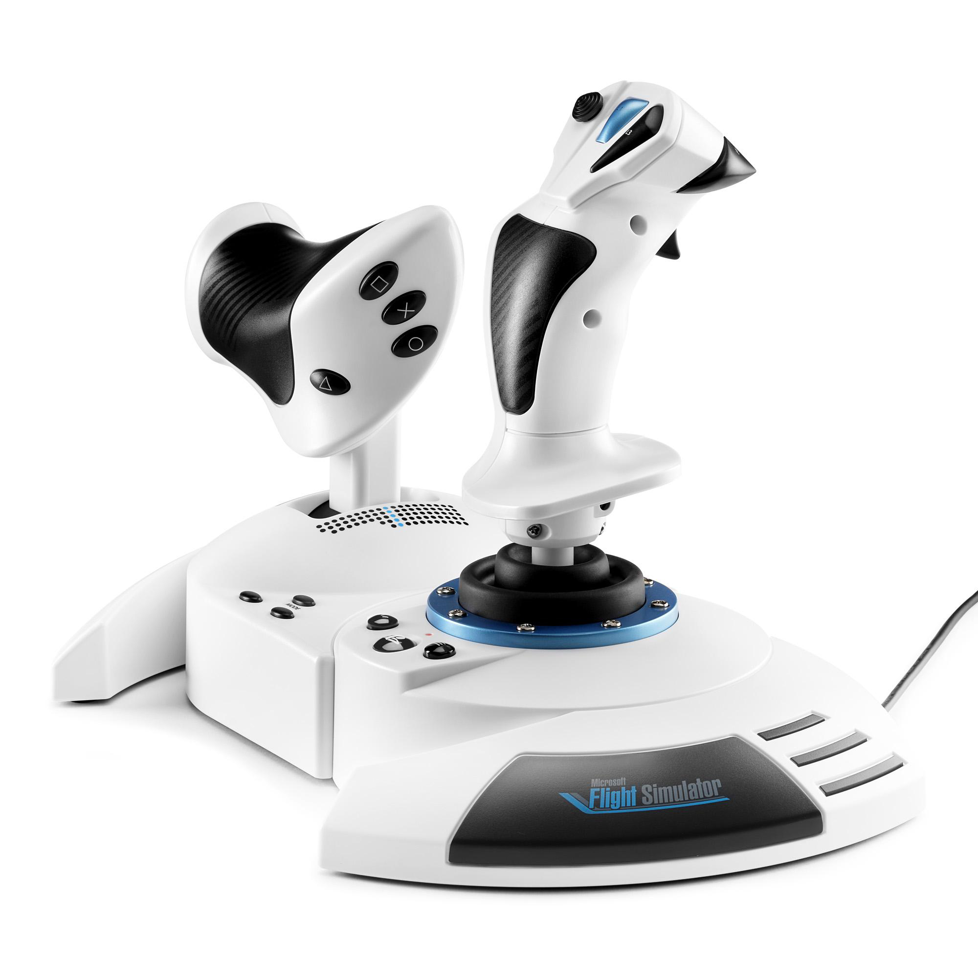 Ein weißer Flugsimulator-Joystick mit schwarzem Griff und blauen Akzenten auf einem Sockel.