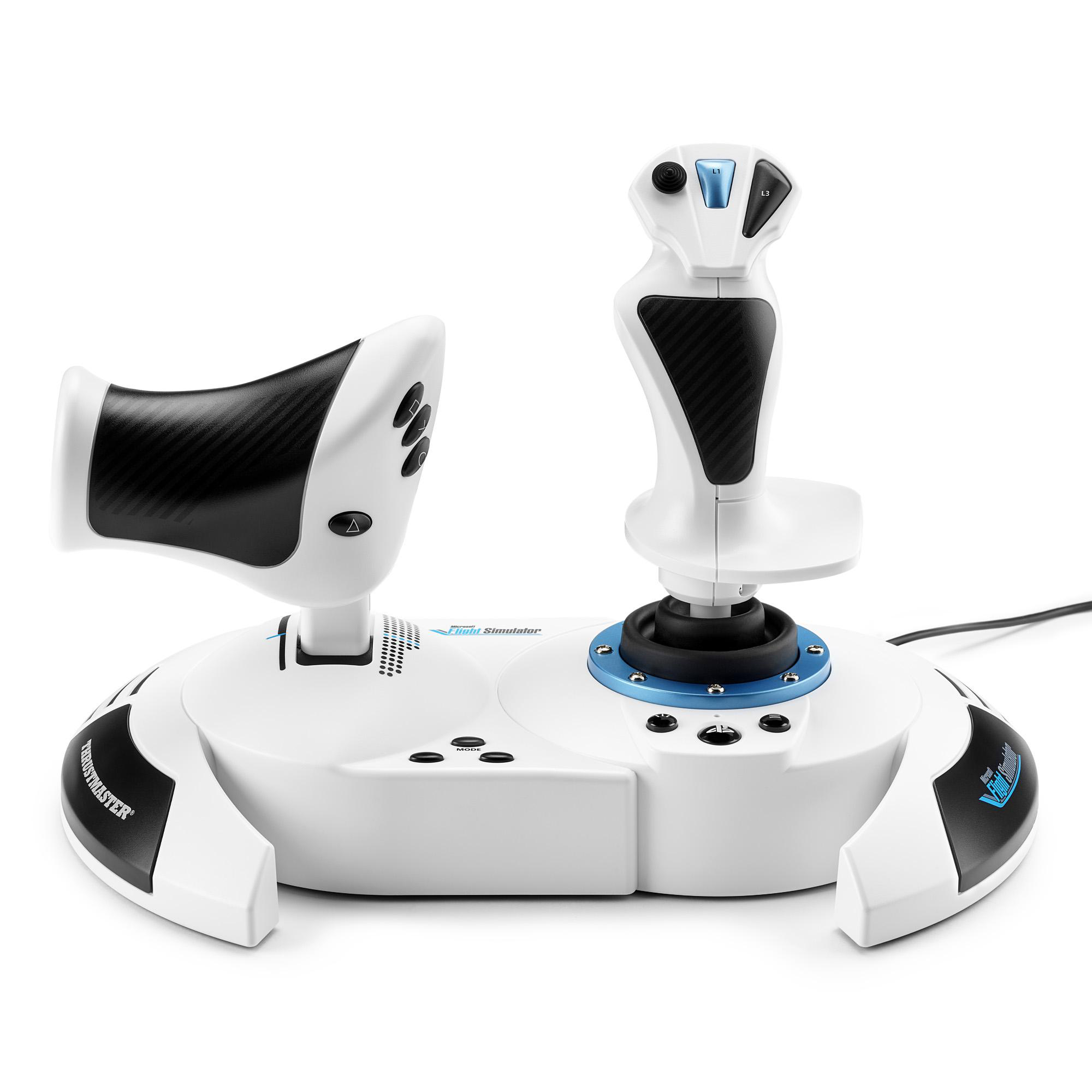 Ein weißer Flugsimulator-Joystick mit zwei Steuerknüppeln und schwarzen Akzenten auf weißem Grund.