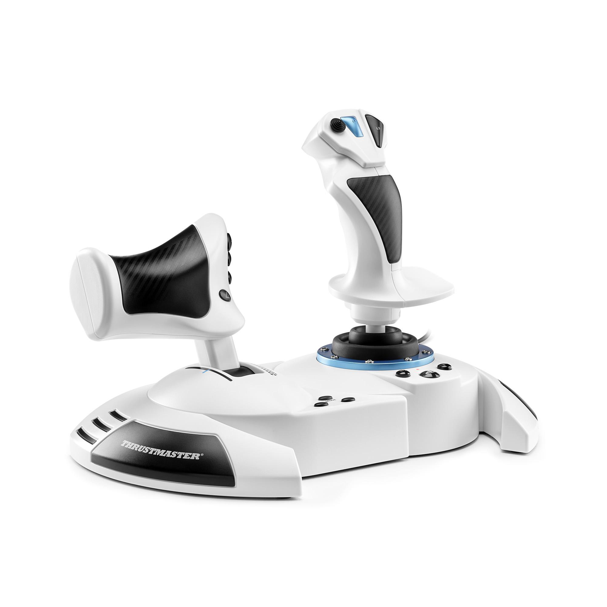 Ein weißer Joystick mit schwarzem Carbon-Muster und blauen Akzenten.