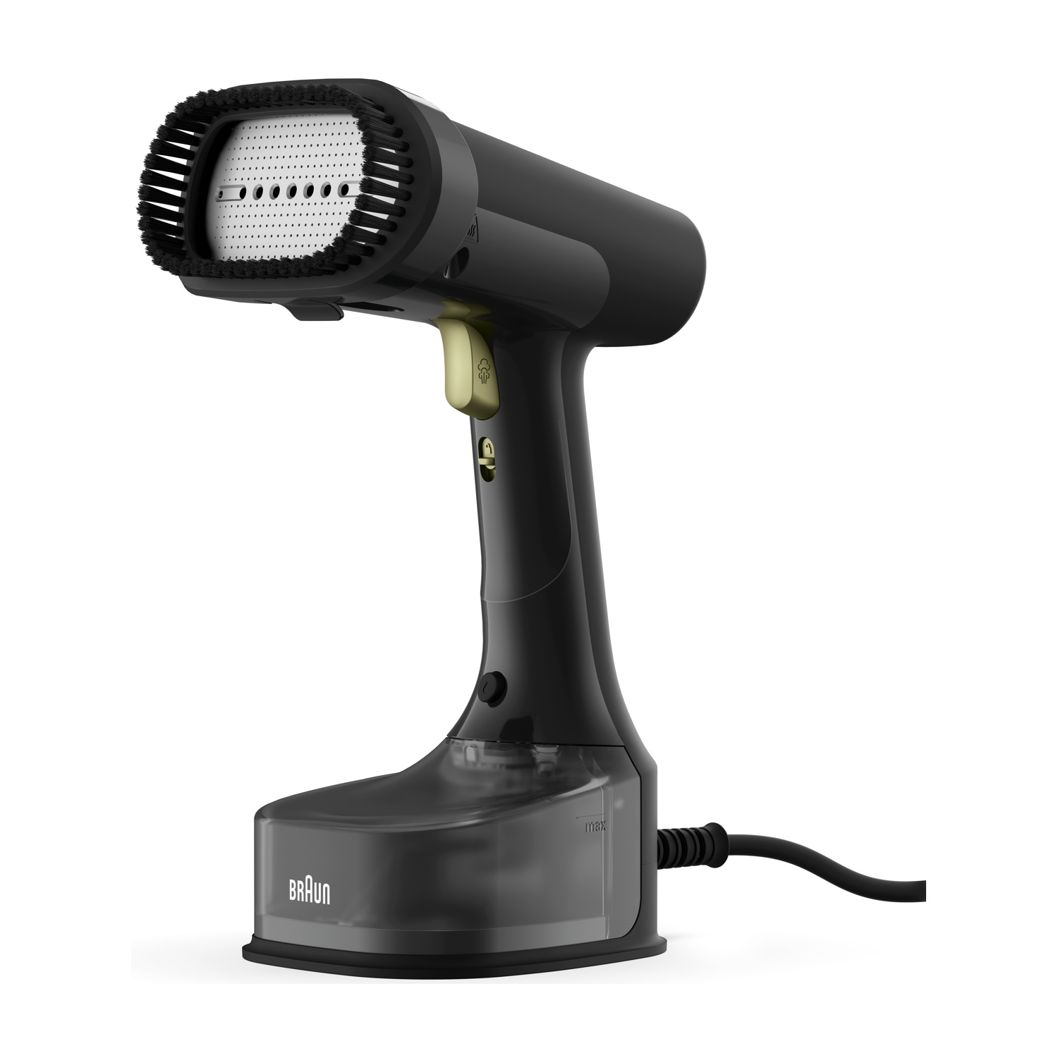 Vaporizzatore nero portatile con spazzola e serbatoio acqua trasparente.