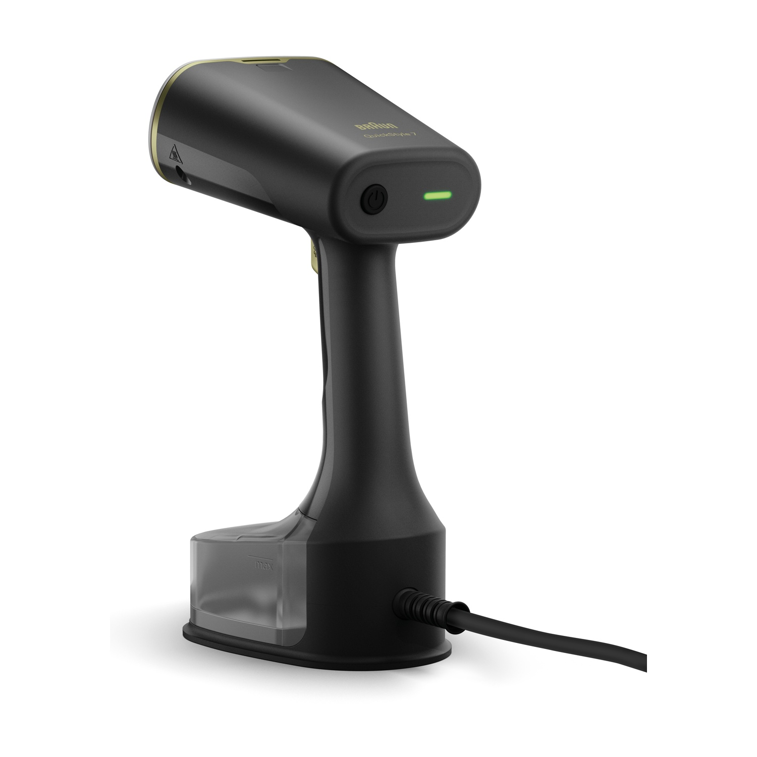Un vaporizzatore per abiti nero portatile con serbatoio dell'acqua trasparente e luce verde.