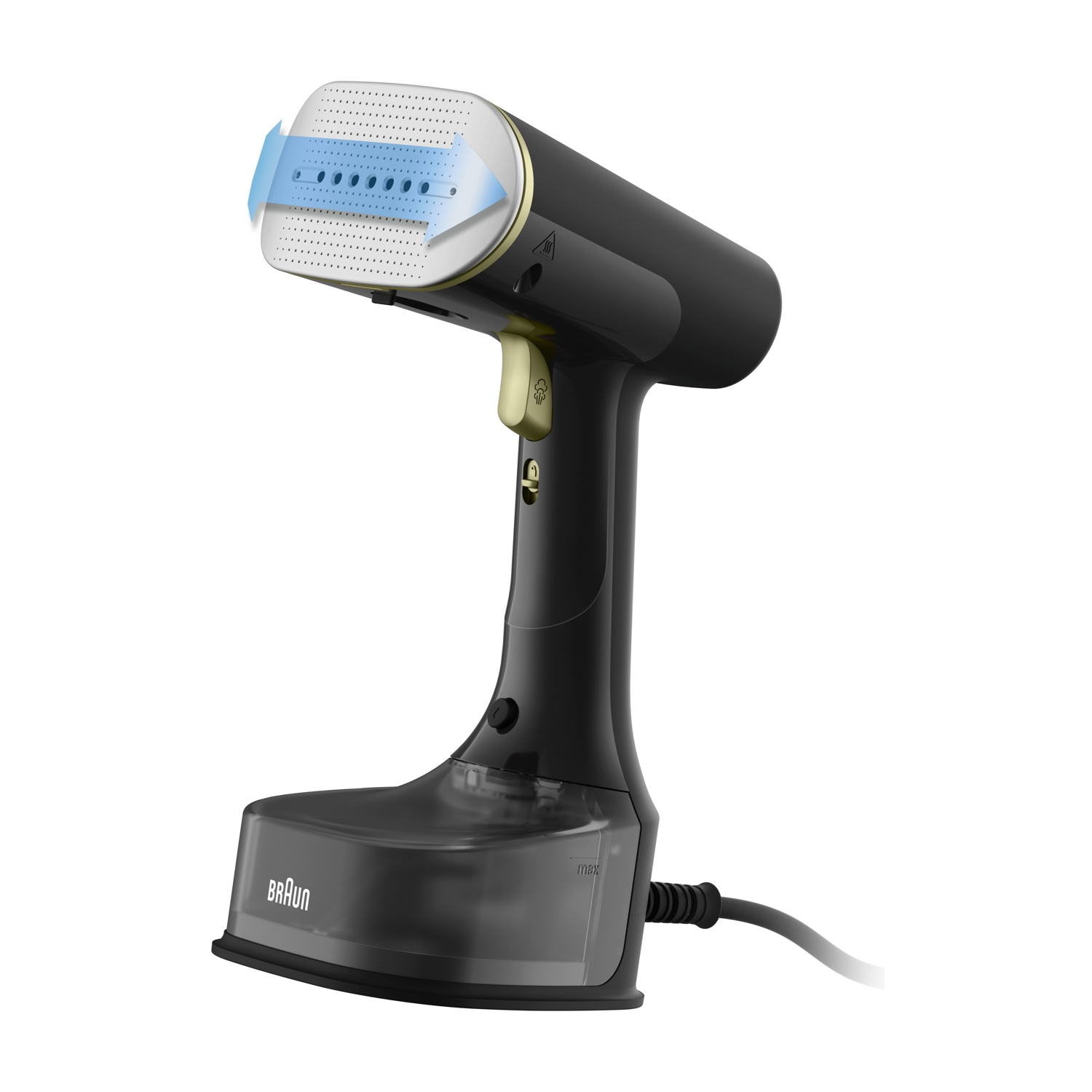 Vaporizzatore per abiti nero portatile con accenti gialli e serbatoio acqua.