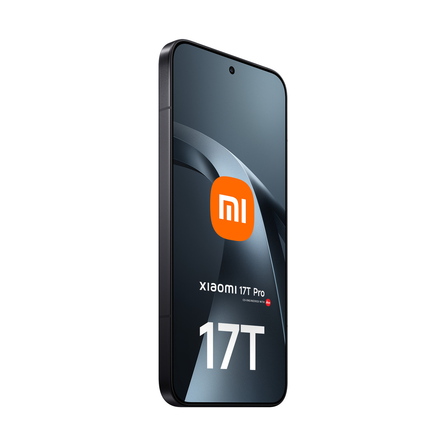 Uno smartphone Xiaomi 17T Pro nero con logo Mi arancione sullo schermo.