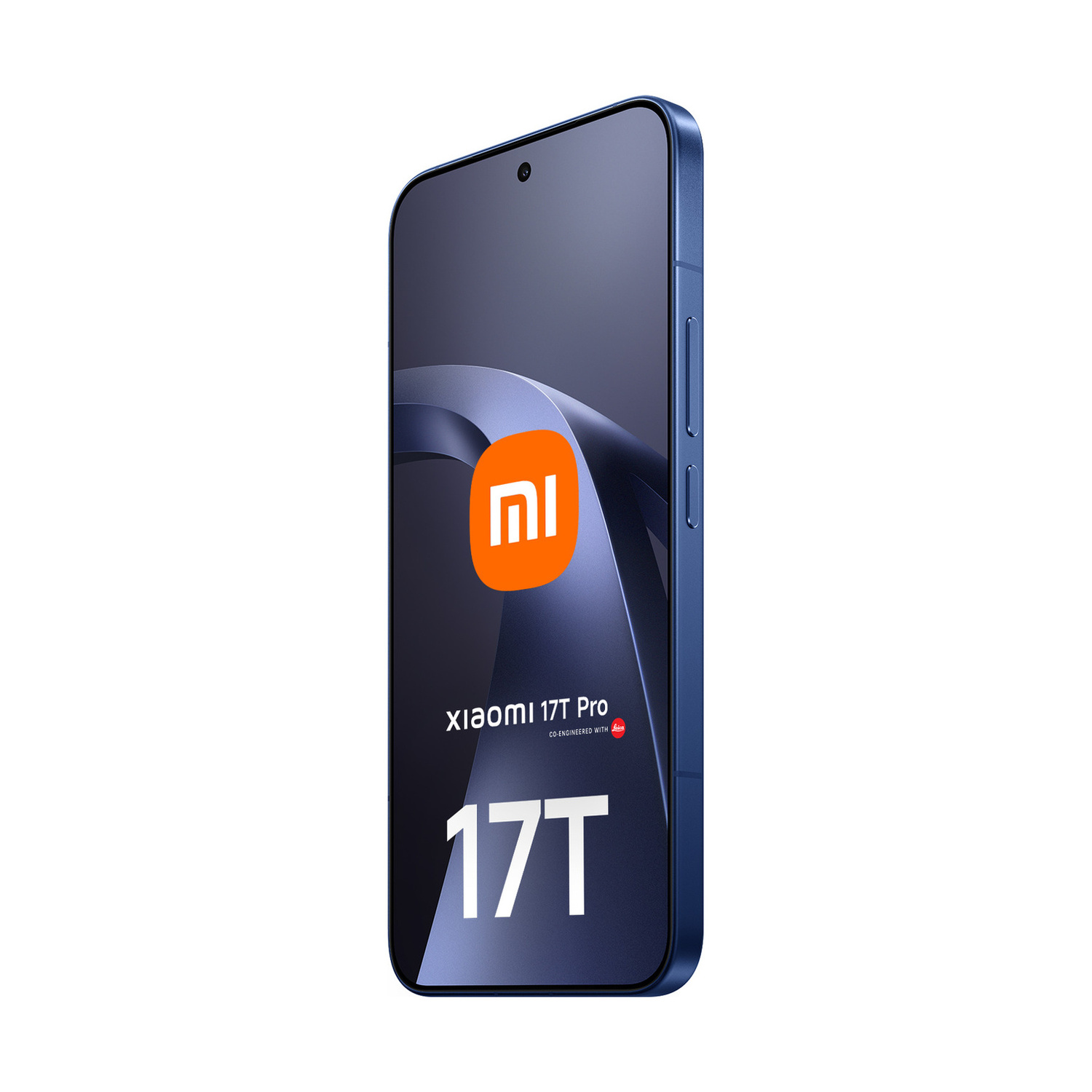 Uno smartphone blu Xiaomi 17T Pro con il logo Xiaomi visualizzato.
