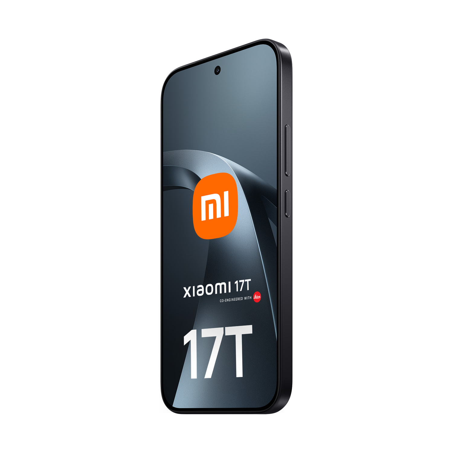 Uno smartphone Xiaomi 17T nero con logo Mi arancione e testo 17T.