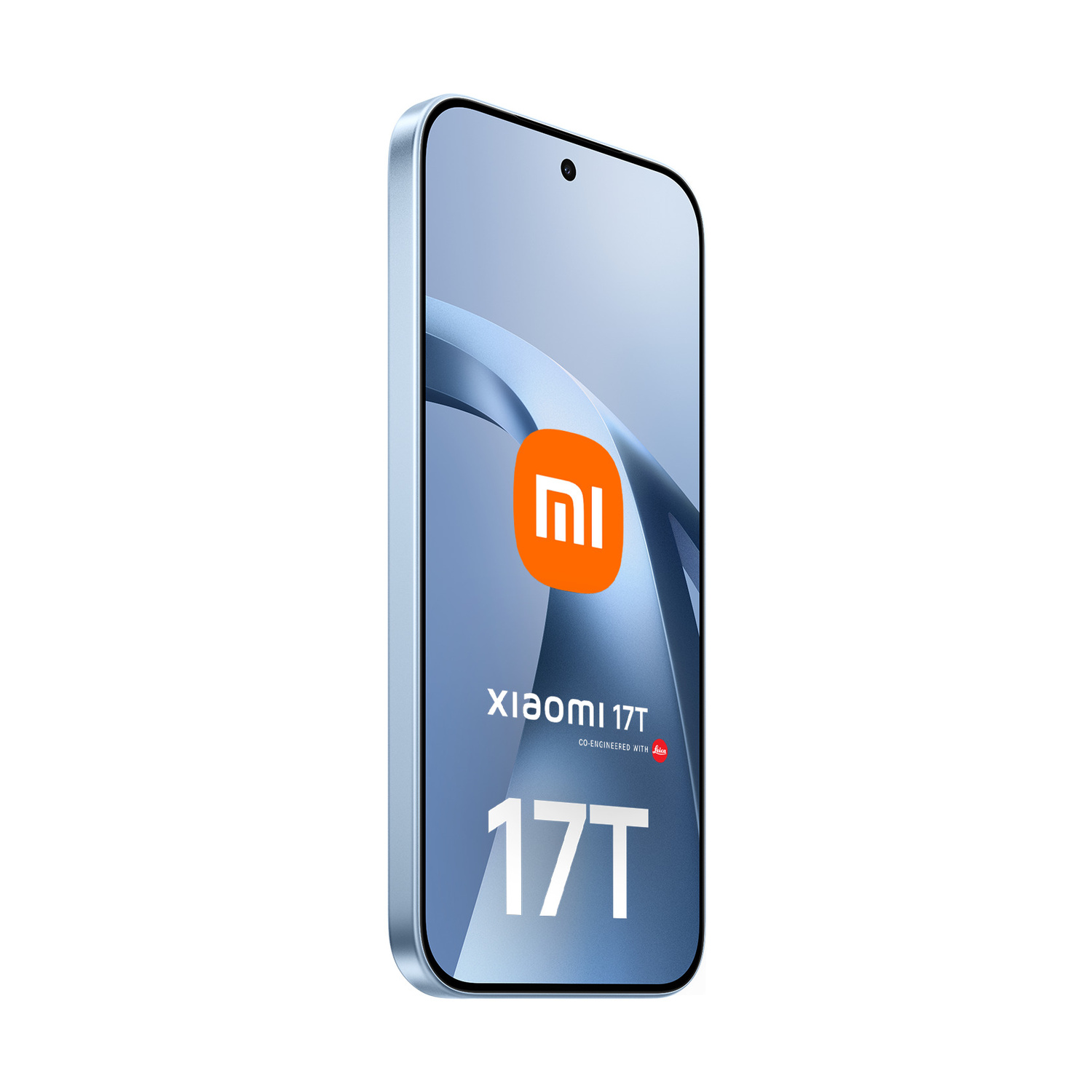 Uno smartphone azzurro mostra il logo Xiaomi e "17T" sullo schermo.