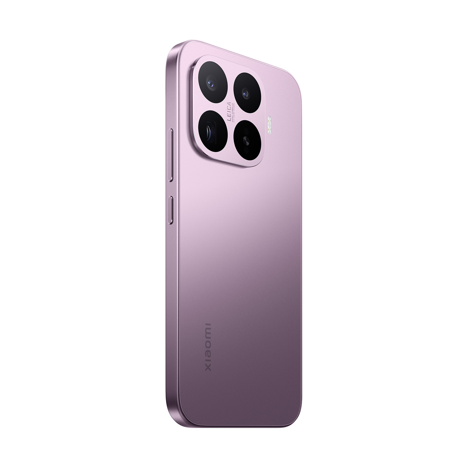 Uno smartphone viola con fotocamere Leica e logo Xiaomi su sfondo bianco.