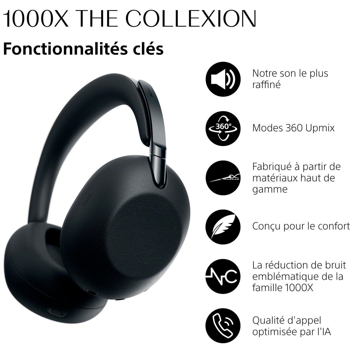 Casque Sony noir avec texte listant les caractéristiques : son raffiné, 360 Upmix, matériaux premium, confort, réduction du bruit.