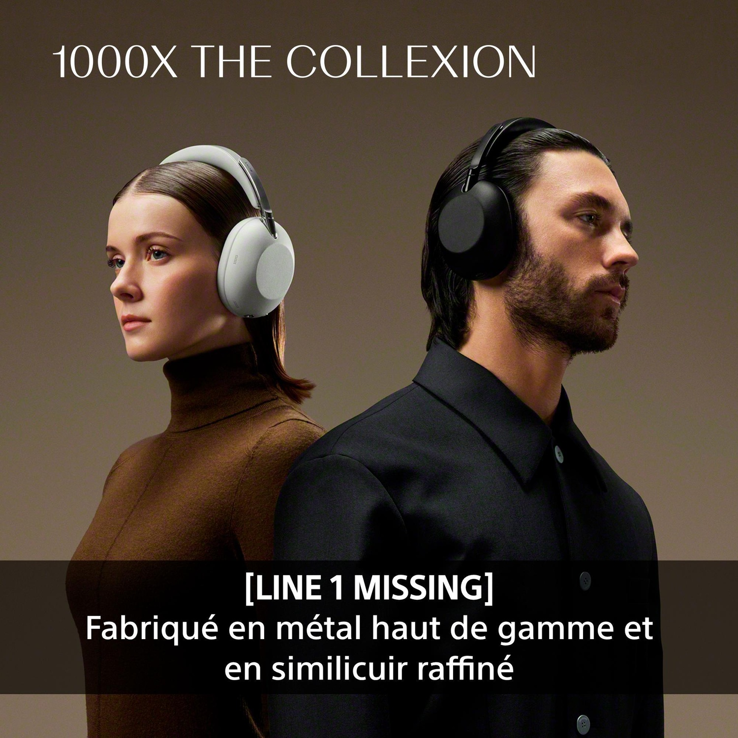 Homme et femme portant des écouteurs sur fond brun. Matériaux de luxe.