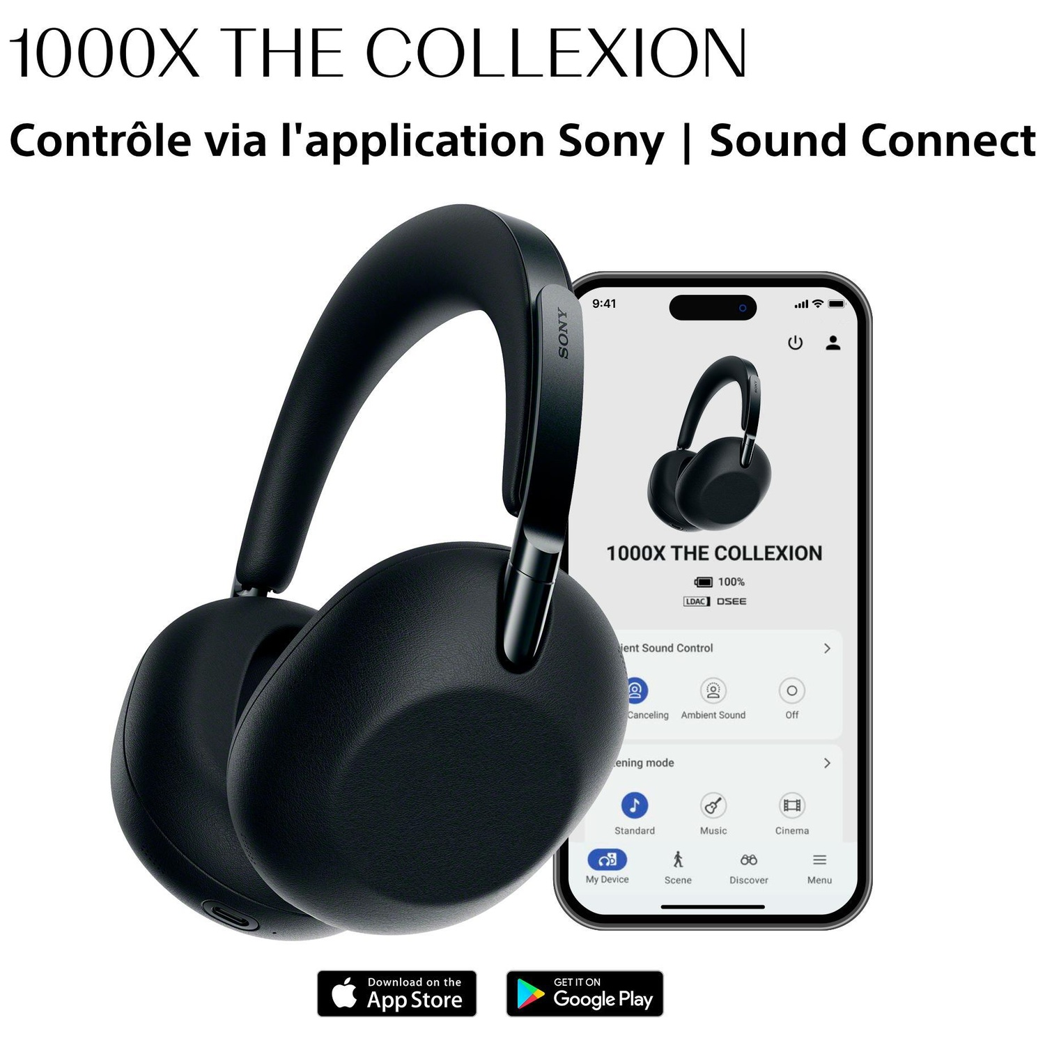 Casque noir à côté d'un smartphone affichant l'application Sony.