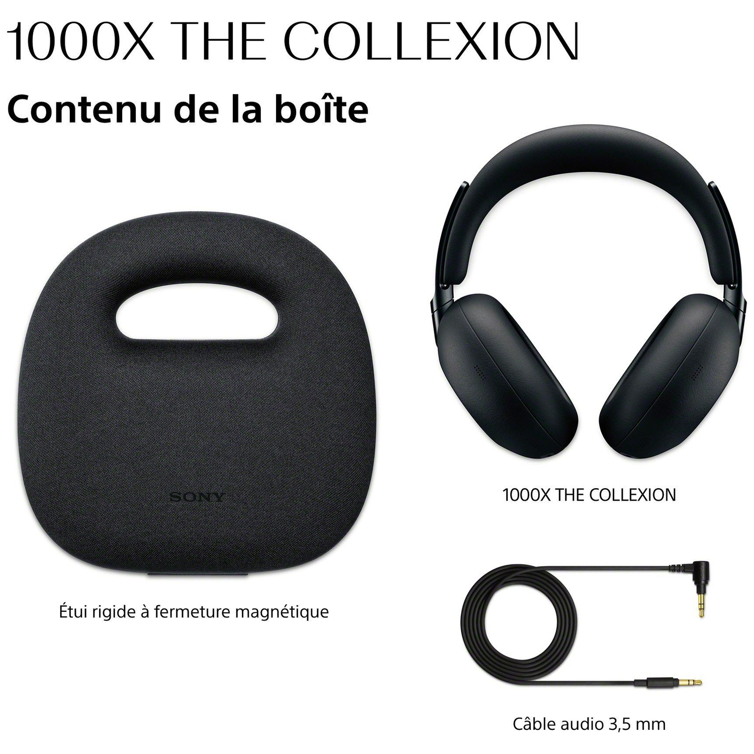 Casque noir, étui et câble audio 3,5 mm présentés.