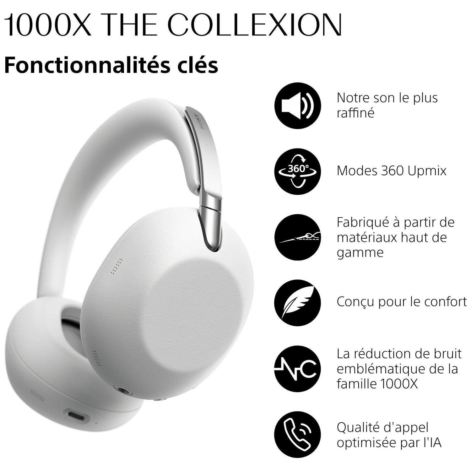Casque blanc avec texte listant les fonctionnalités : son premium, 360 Upmix, matériaux de haute qualité.