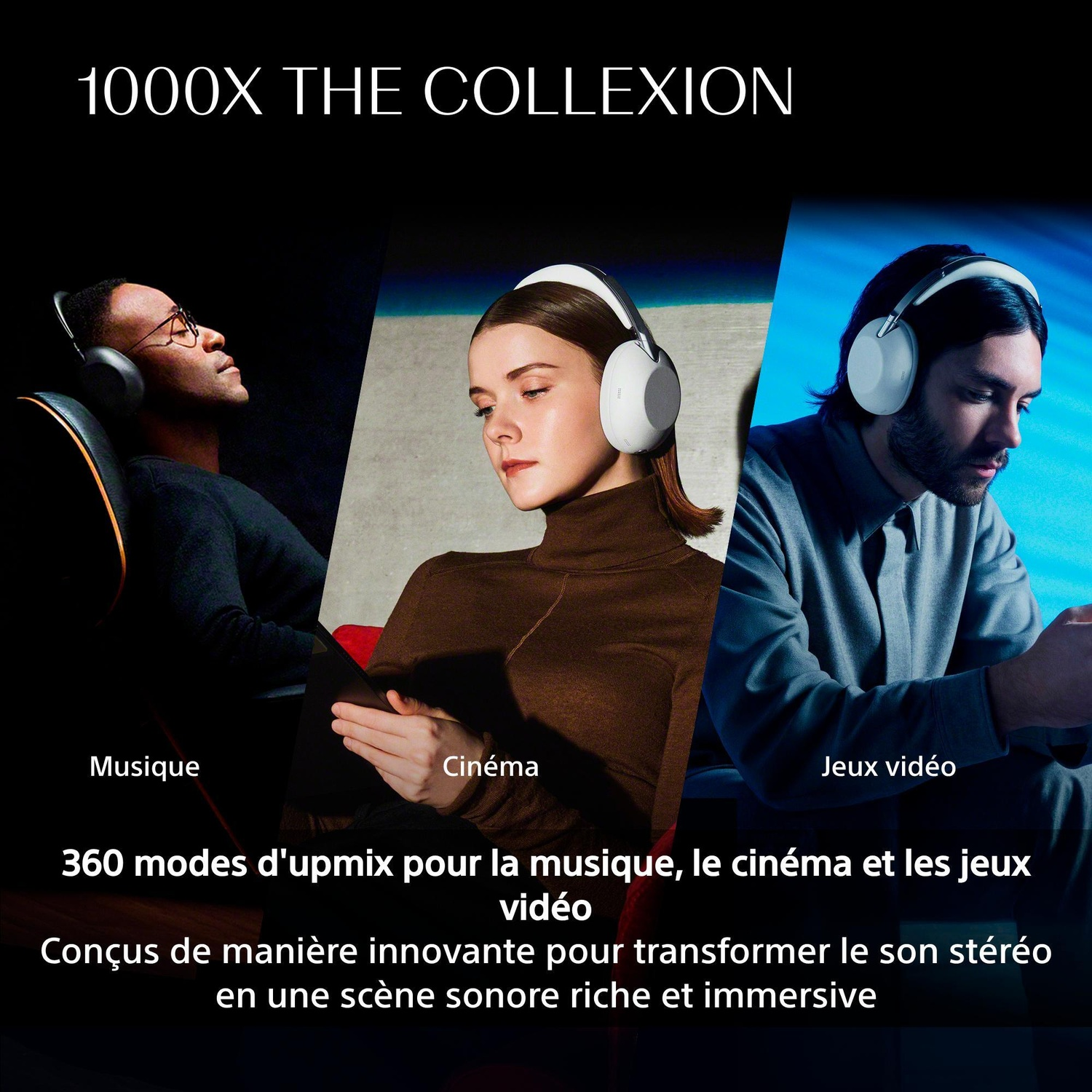 Trois personnes portant des écouteurs pour la musique, le cinéma et les jeux.