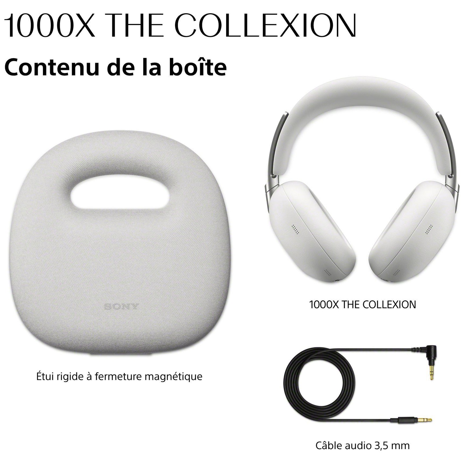 Un casque Sony blanc, un étui et un câble audio.