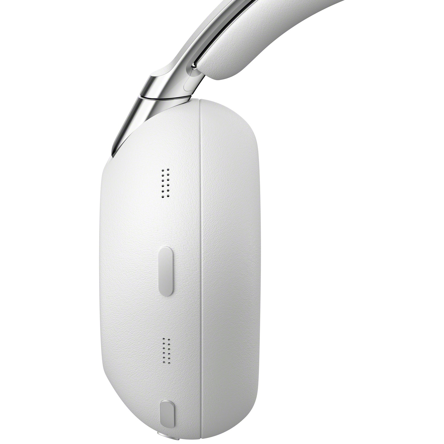 Casque blanc avec arceau argenté, vue latérale montrant boutons et aérations.