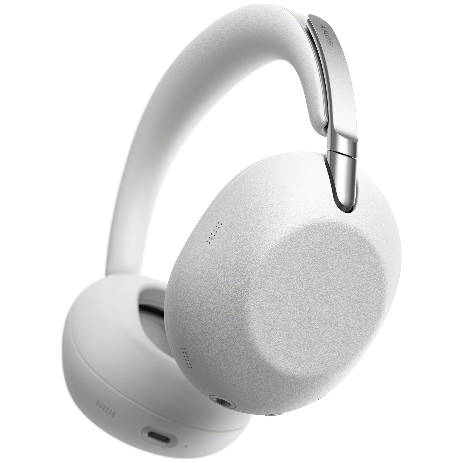 Casque blanc supra-auriculaire avec accents argentés et logo Sony.