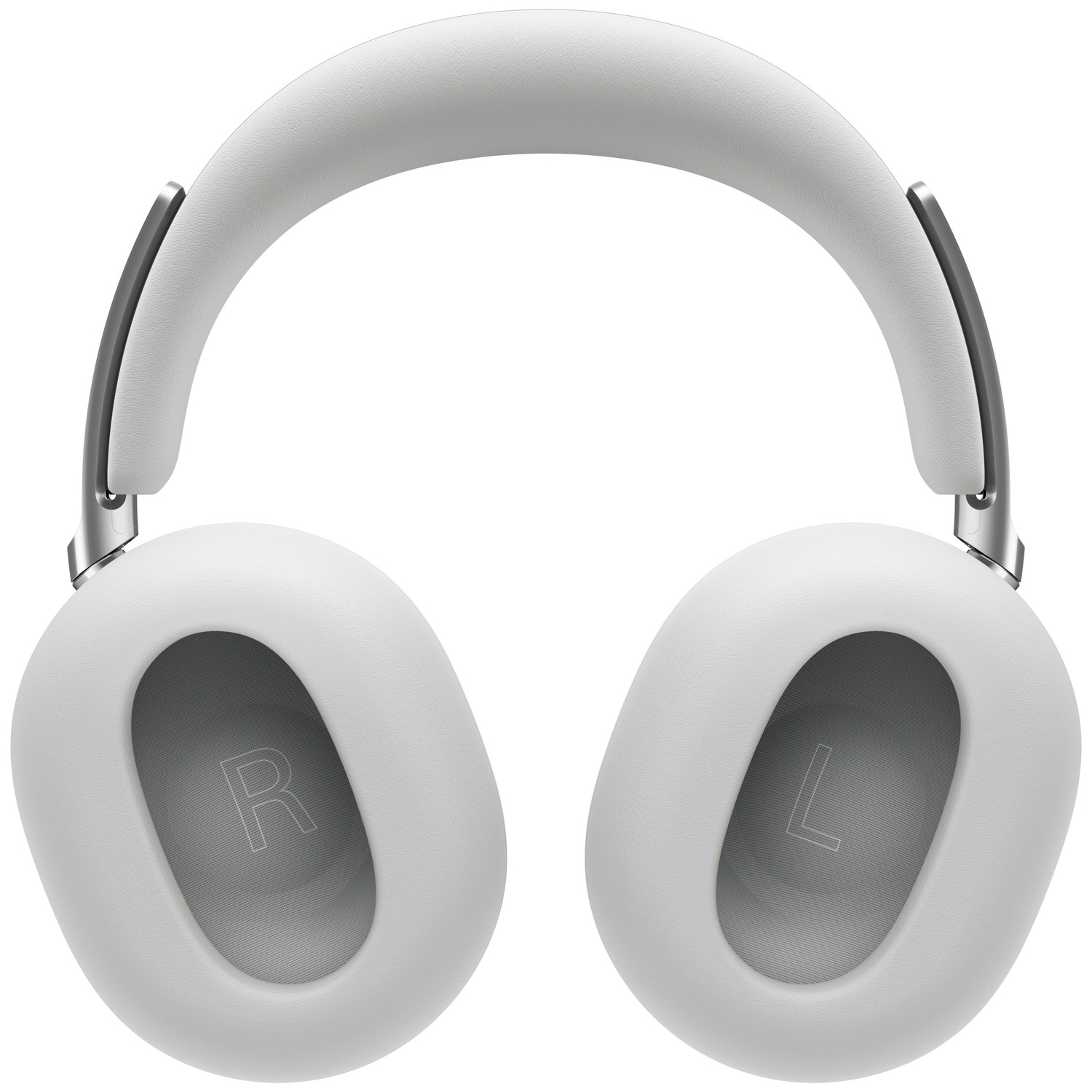 Casque blanc avec accents argentés, marqué "R" et "L".