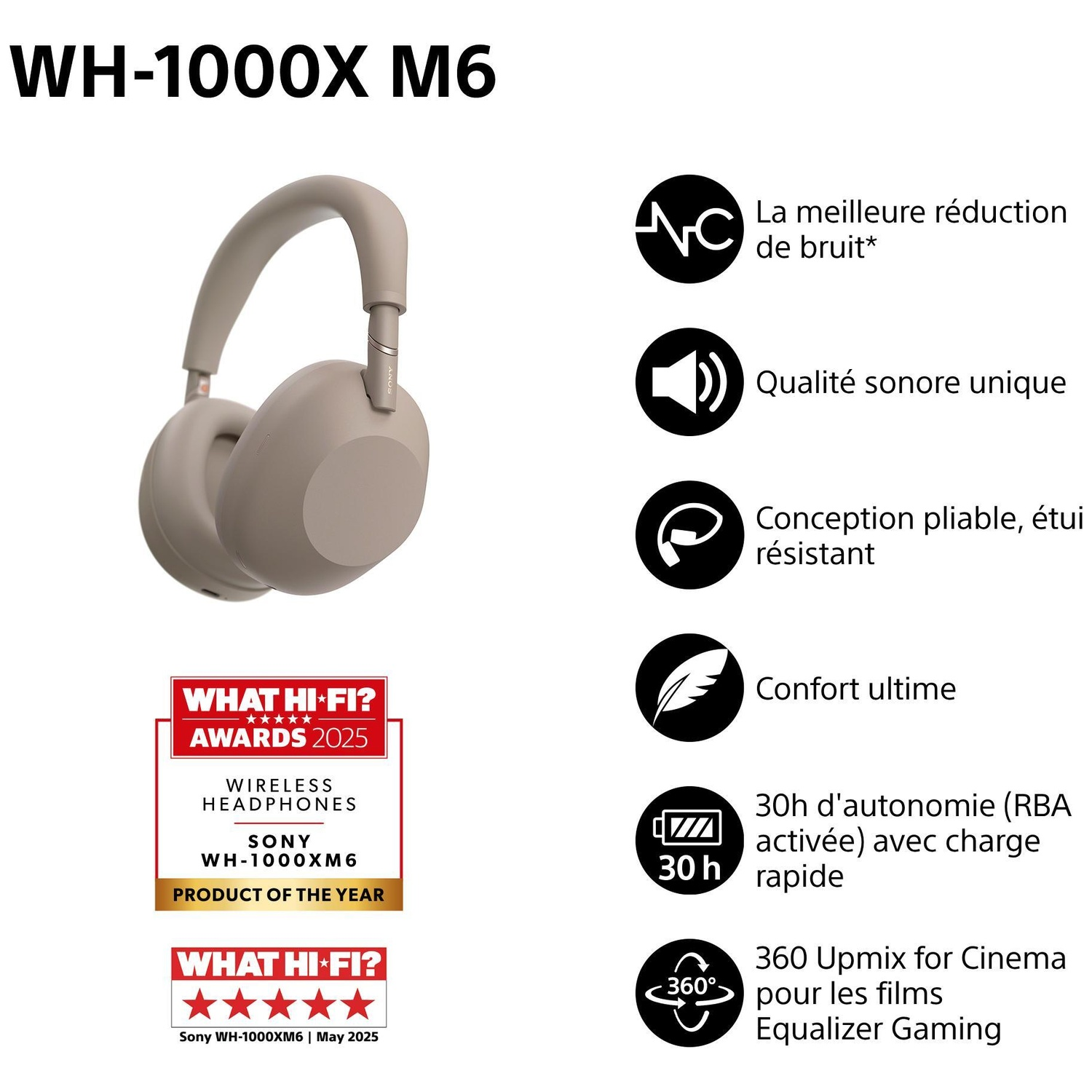 Casque Sony WH-1000XM6 gris avec prix et caractéristiques.