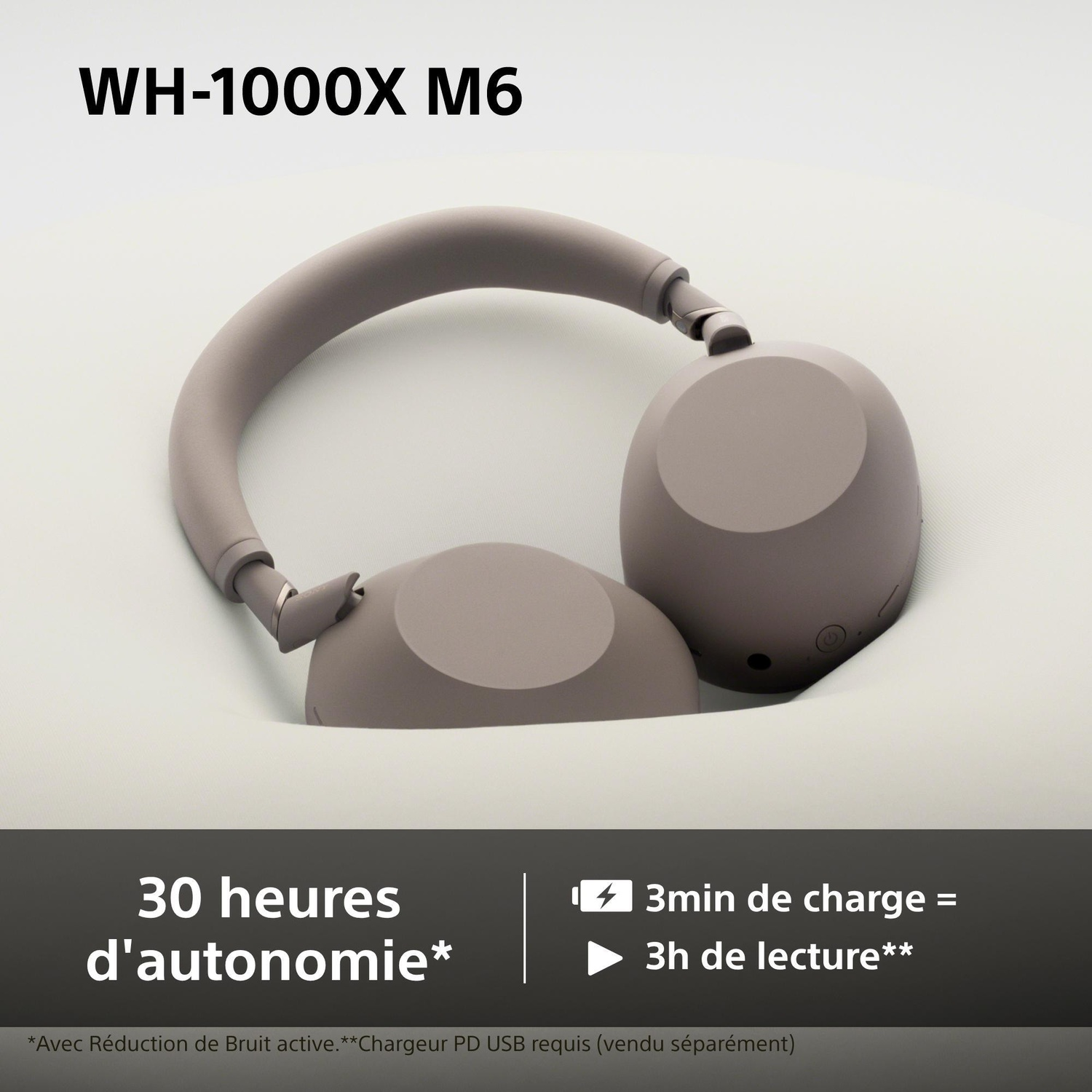 Casque WH-1000XM6 gris, 30h d'autonomie, 3min de charge = 3h de lecture.