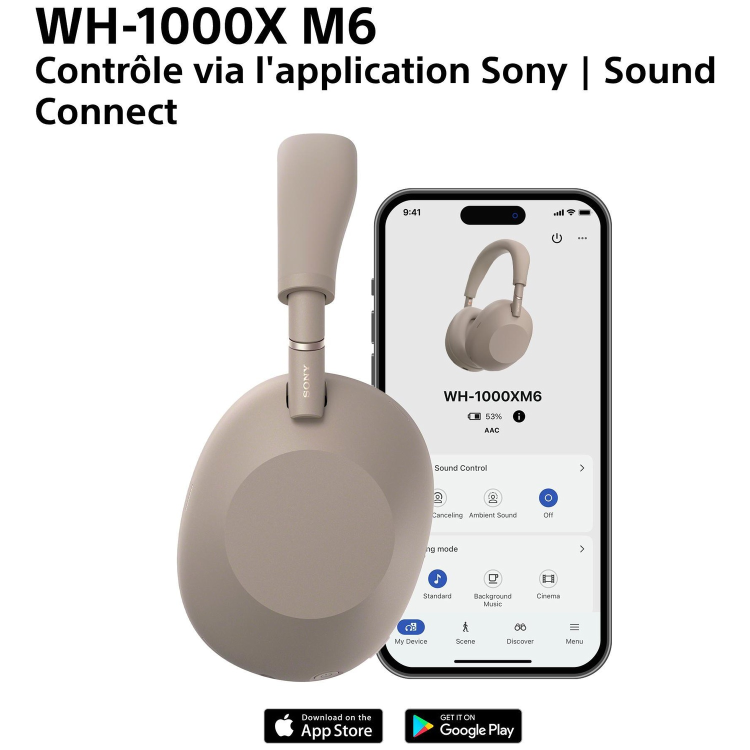 Casque Sony WH-1000XM6 et application sur un téléphone. Design beige clair.