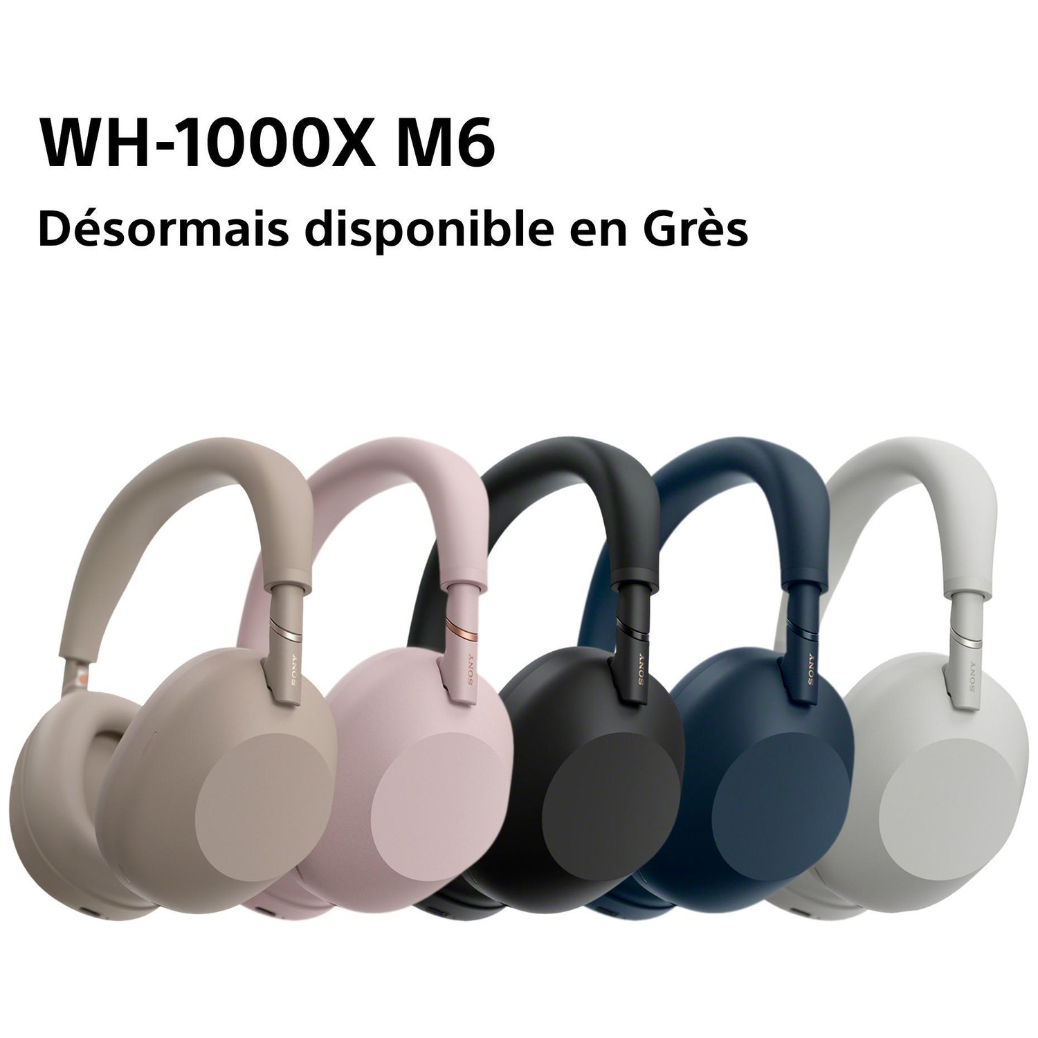 Cinq casques Sony WH-1000XM6 gris, rose, noir, bleu marine et blanc.