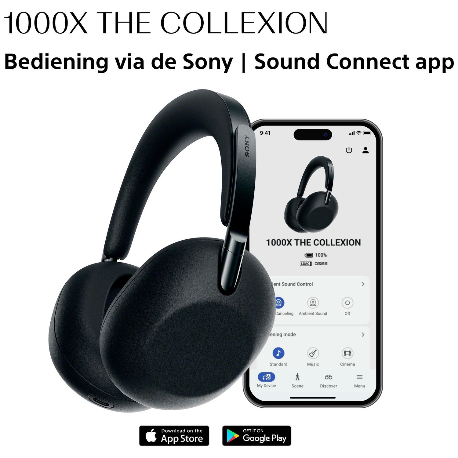 Zwarte Sony koptelefoon naast een smartphone met de Sound Connect app.