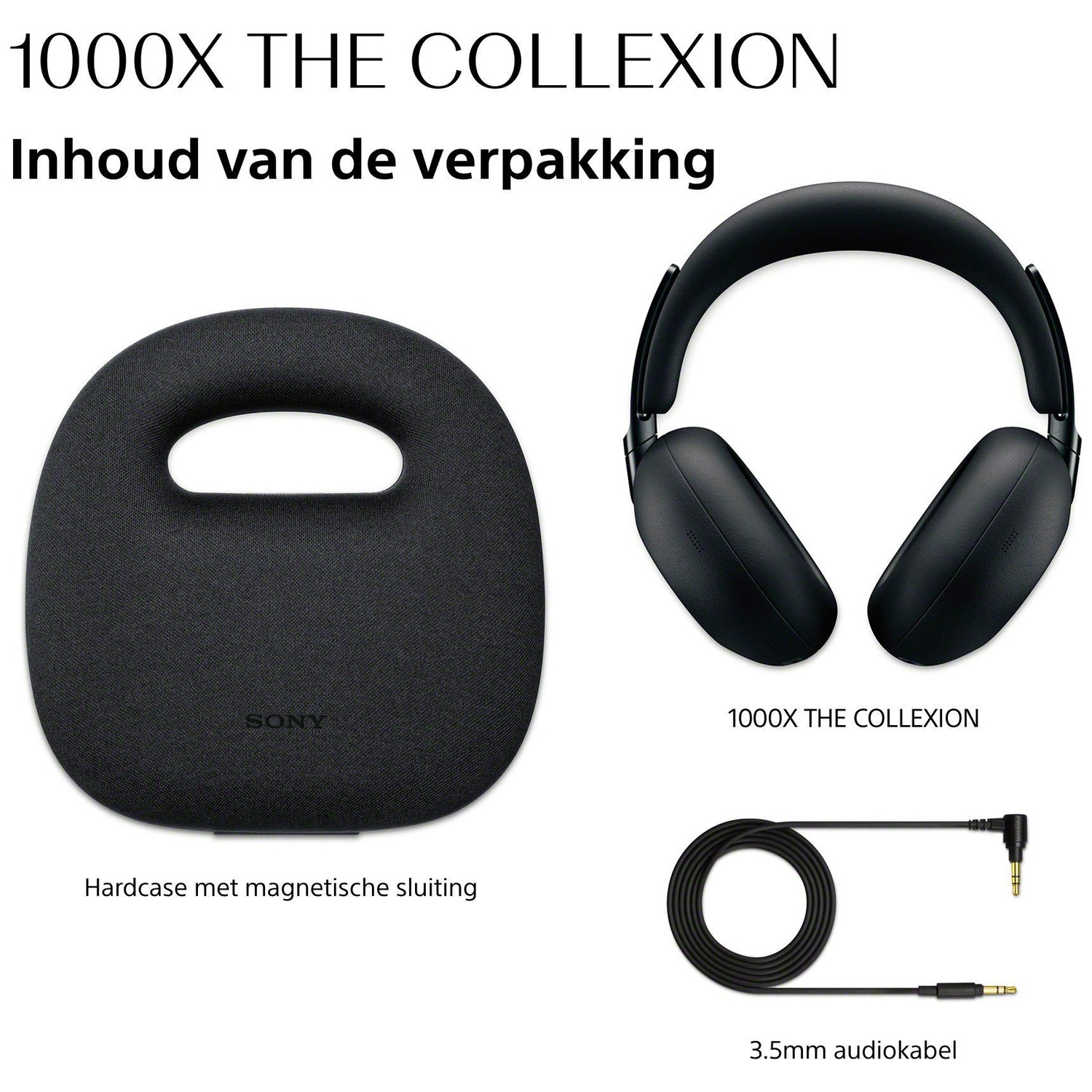 Sony koptelefoon, hardcase en audiokabel op witte achtergrond.