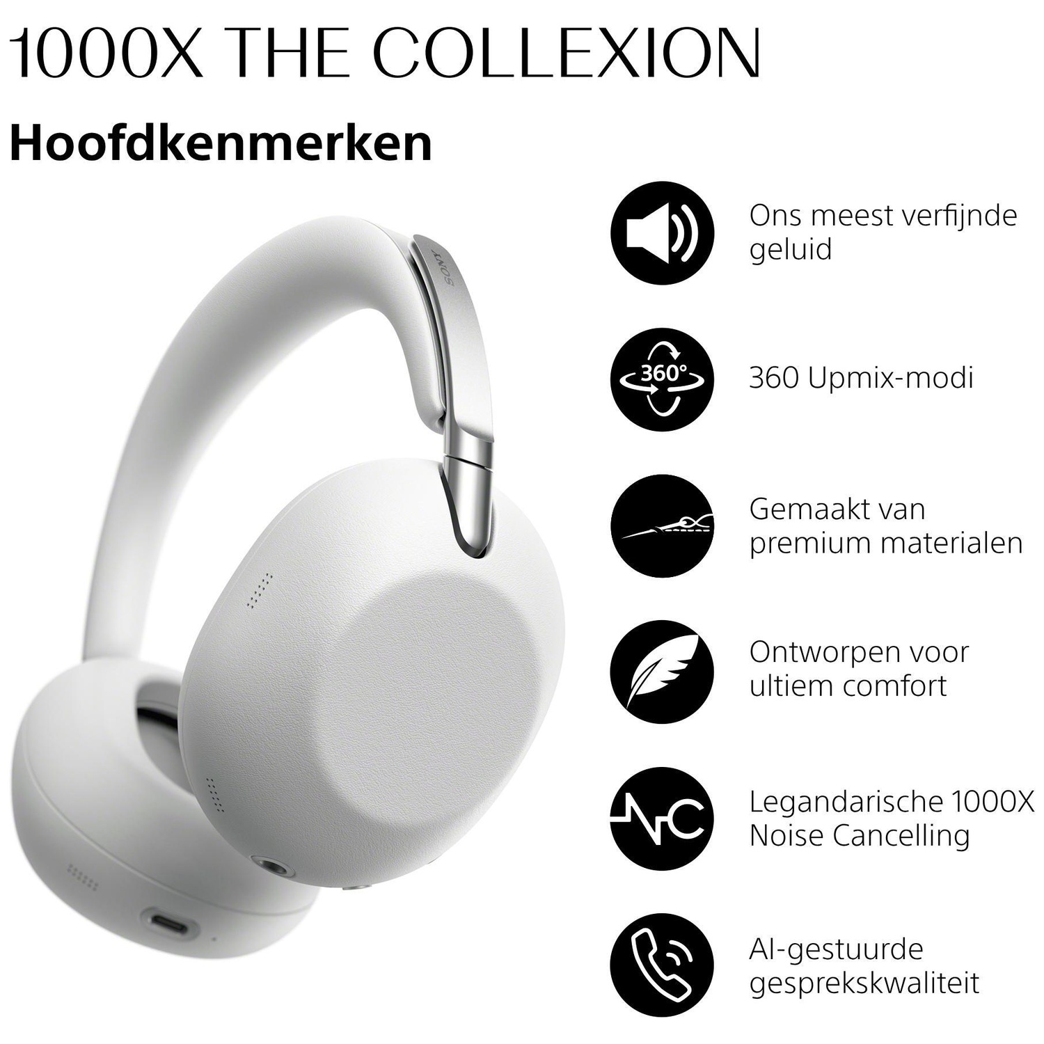 Witte koptelefoon met Sony-logo en functies zoals ruisonderdrukking.