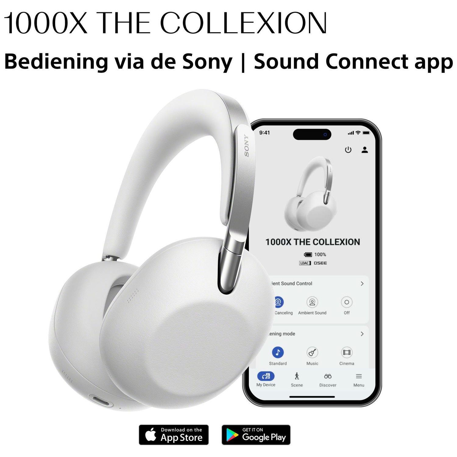 Witte Sony koptelefoon naast smartphone met de Sound Connect app.