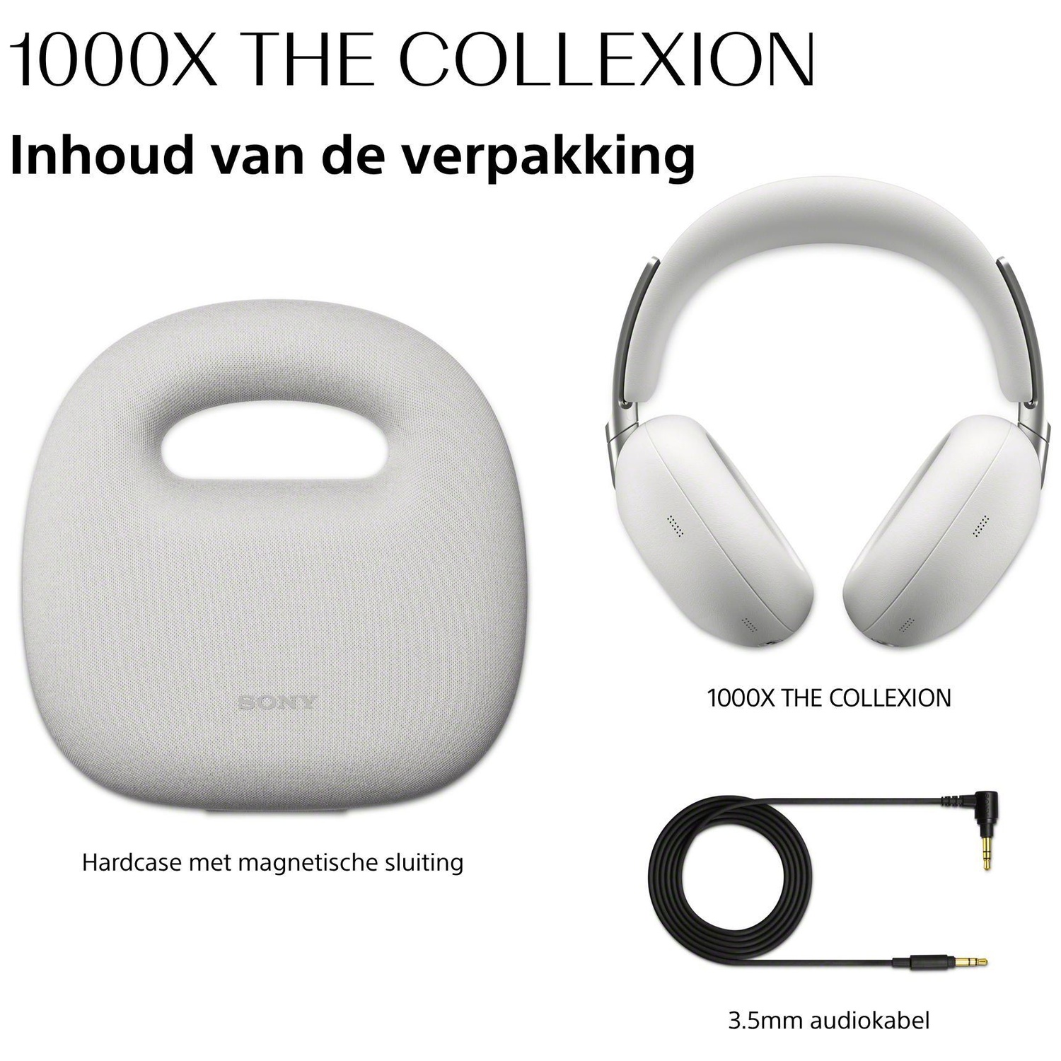 Witte koptelefoon, hardcase en audiokabel op witte achtergrond.