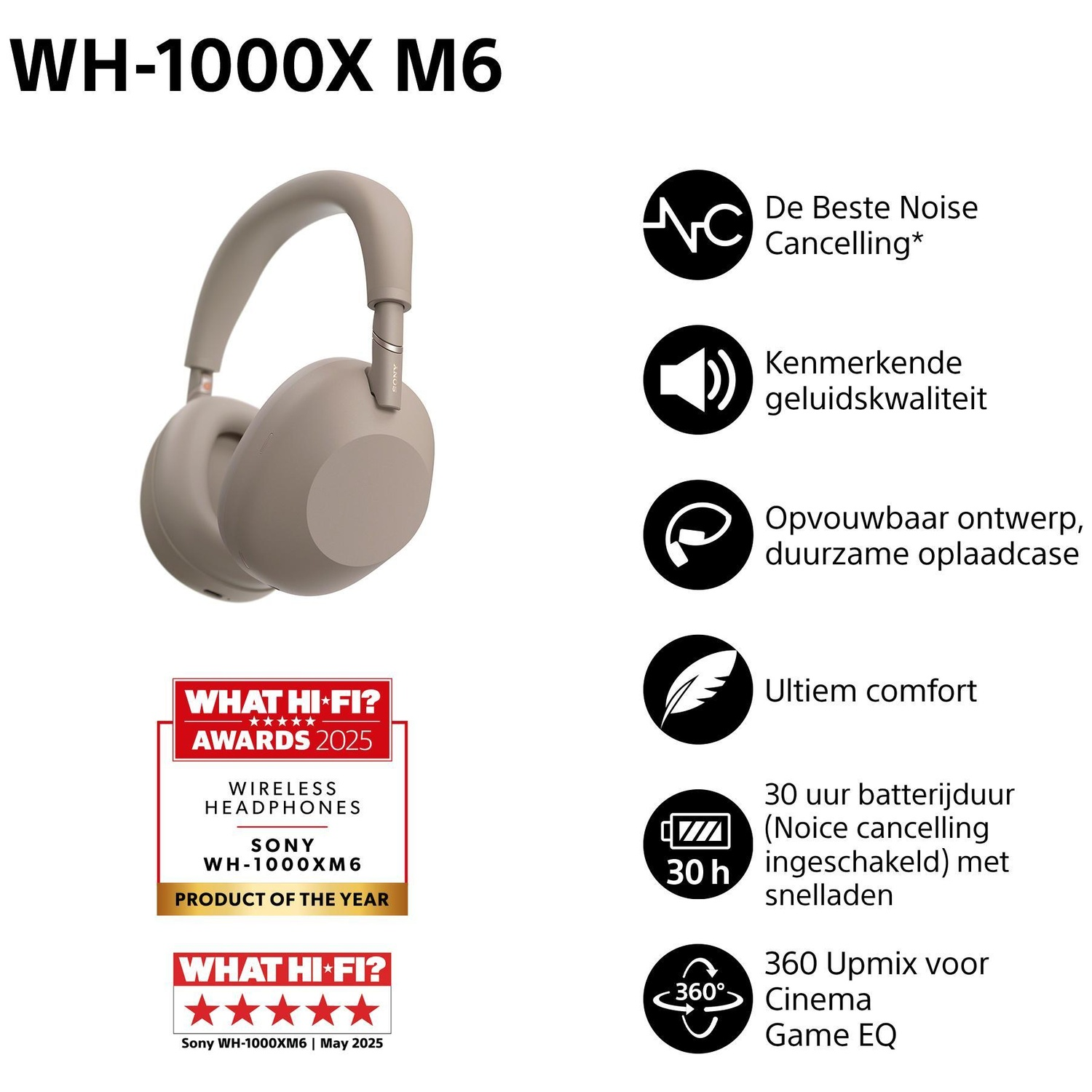 Beige Sony WH-1000XM6 headphones with awards and features.