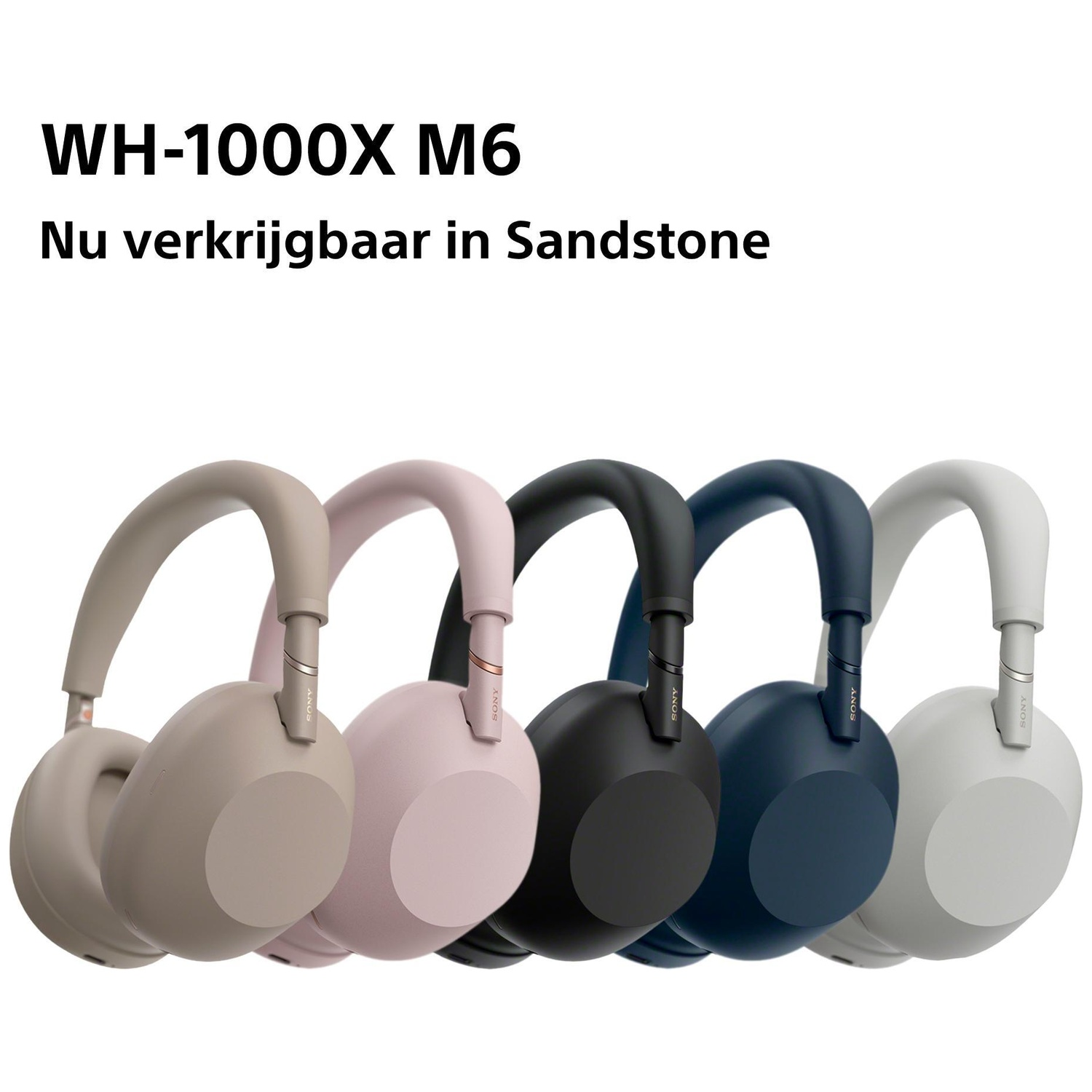 Five Sony WH-1000XM6 headphones in Sandstone, pink, black, blue, and white.