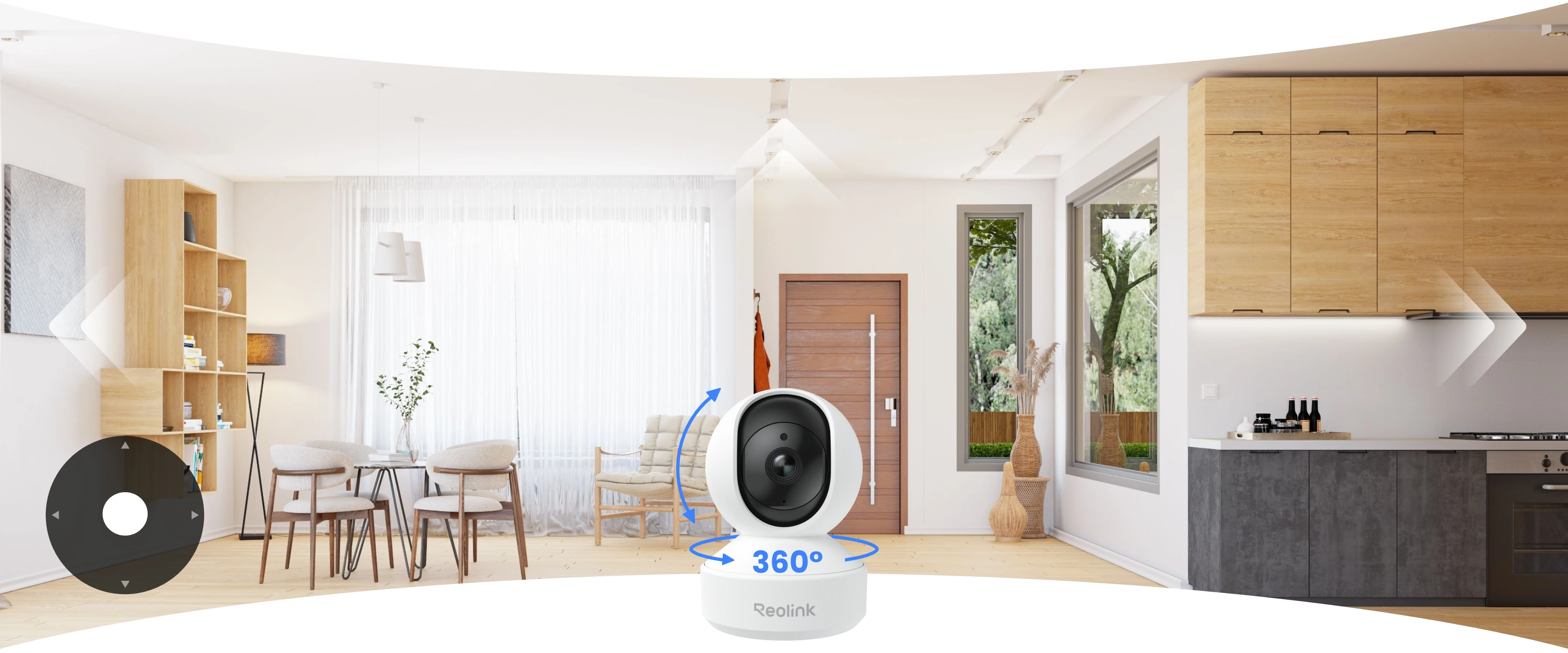 Egy fehér, 360 fokos biztonsági kamera hangszóró egy modern nappaliban.