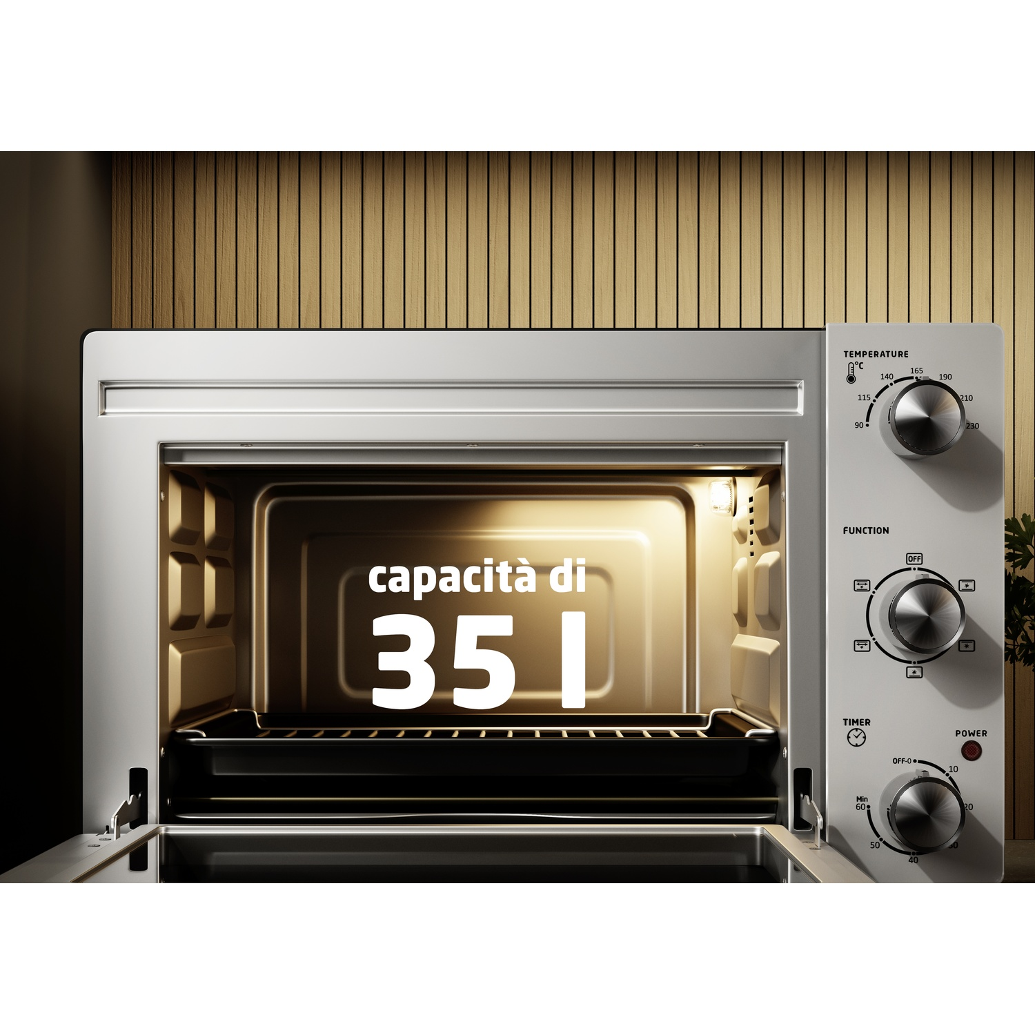 Un mini forno bianco aperto da 35L con manopole di controllo.