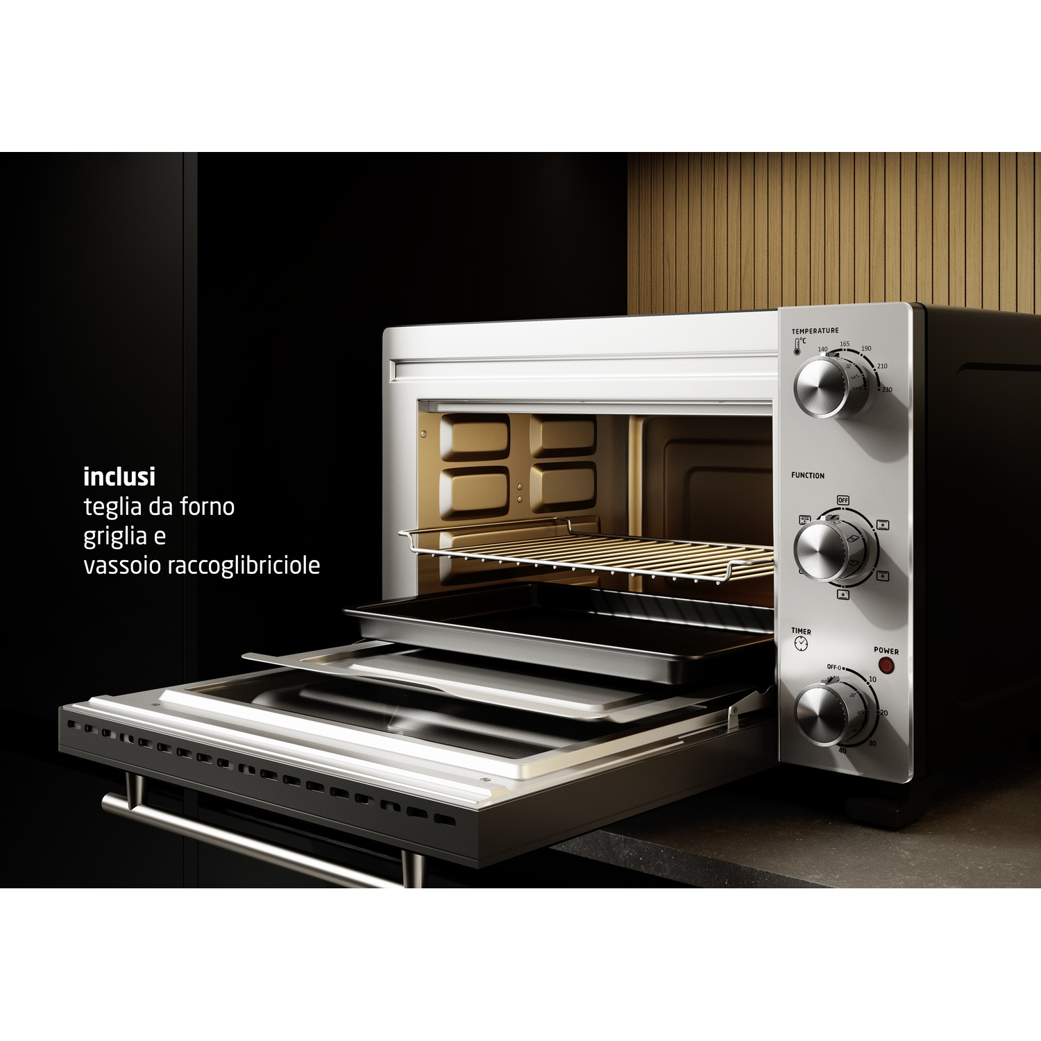 Un piccolo forno aperto con tre griglie e controlli per temperatura e timer.