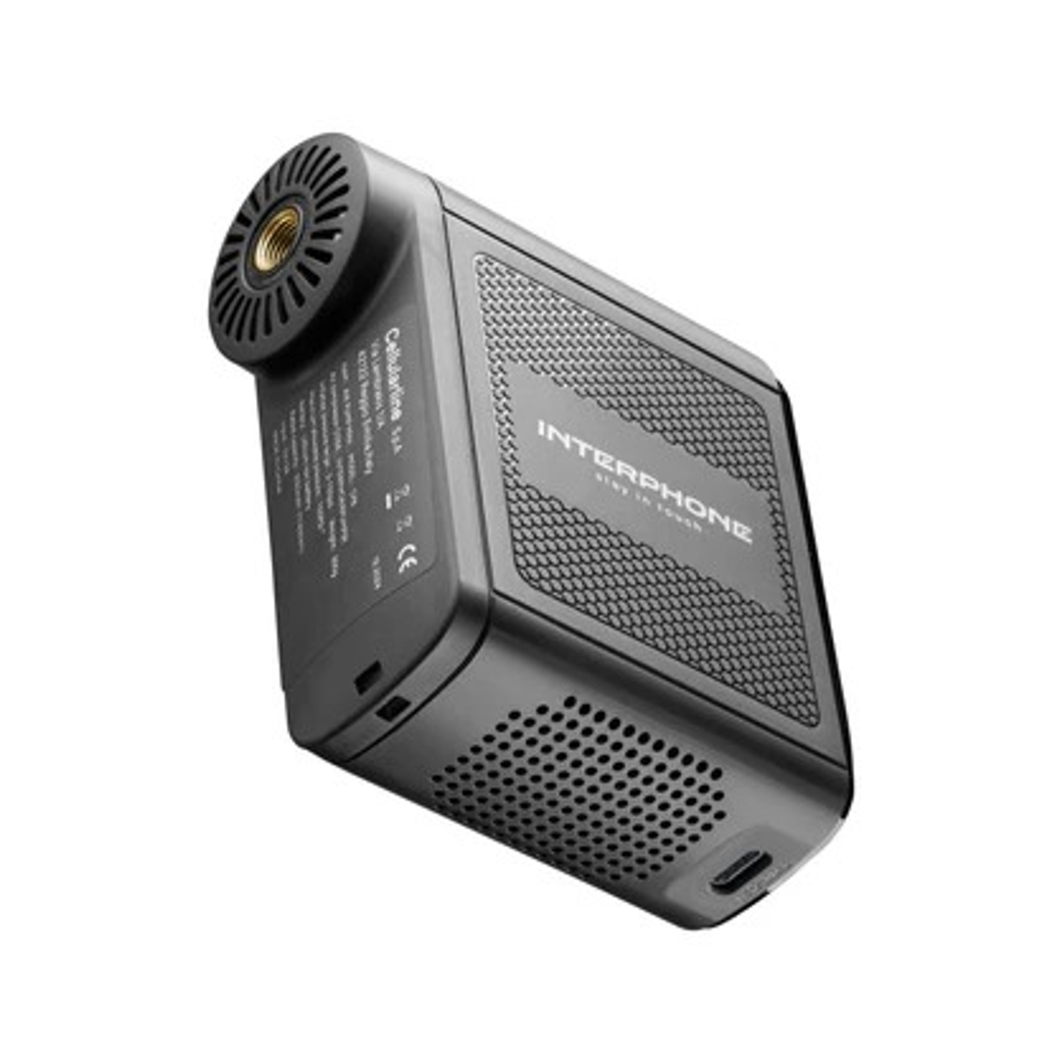 Dispositivo Interphone grigio con griglia altoparlante e porta di ricarica.