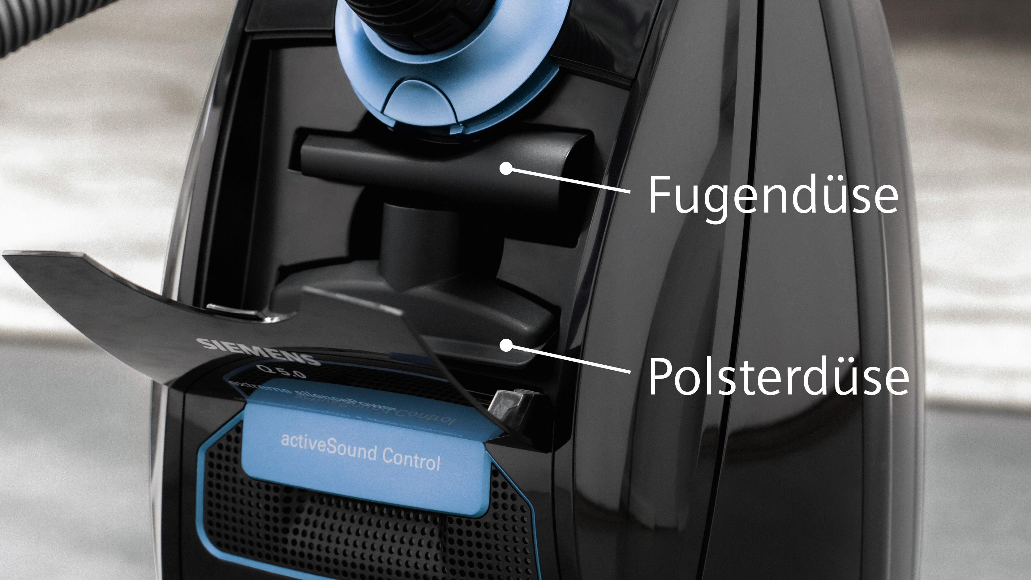 Ein schwarzer Siemens Staubsauger mit blauen Akzenten und Aufschriften.