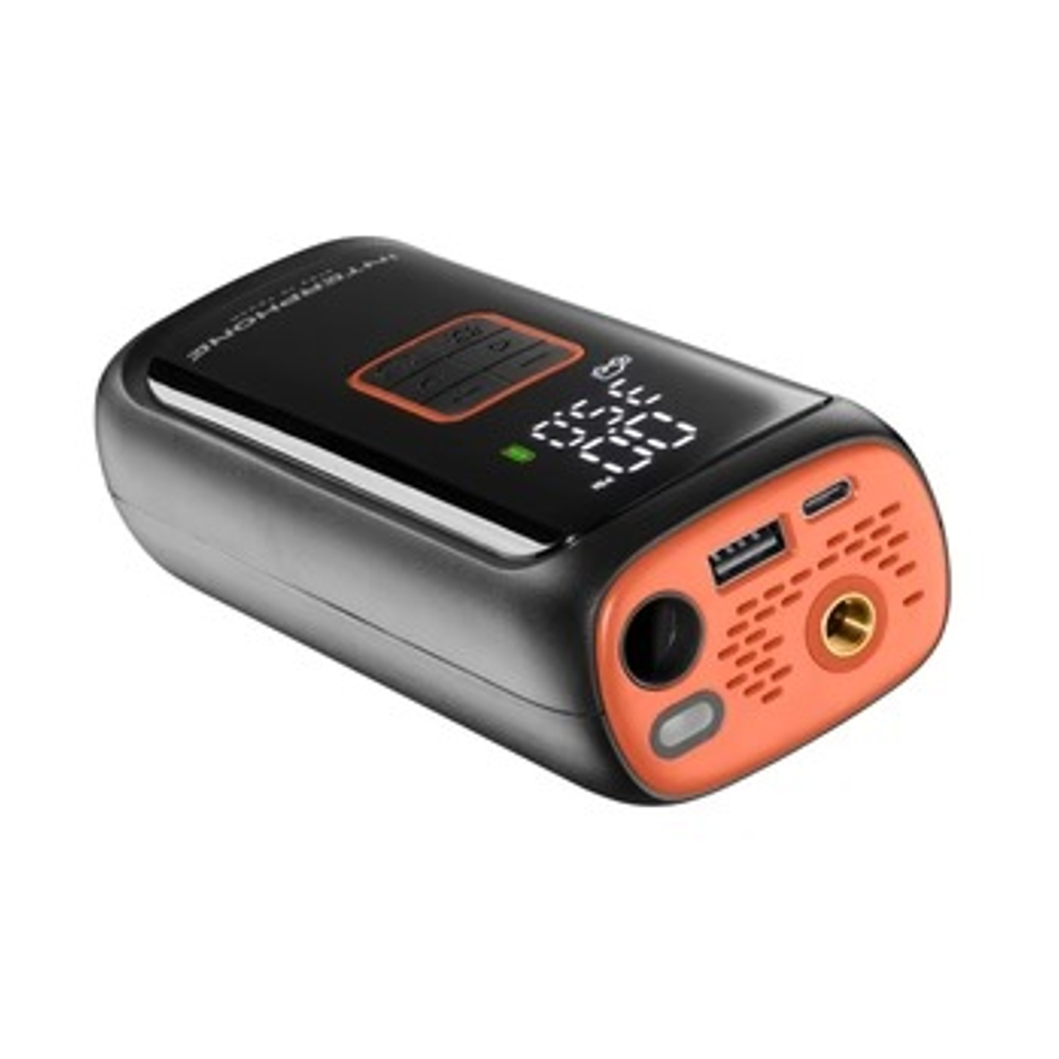 Dispositivo portatile nero e arancione con porte USB e display digitale.